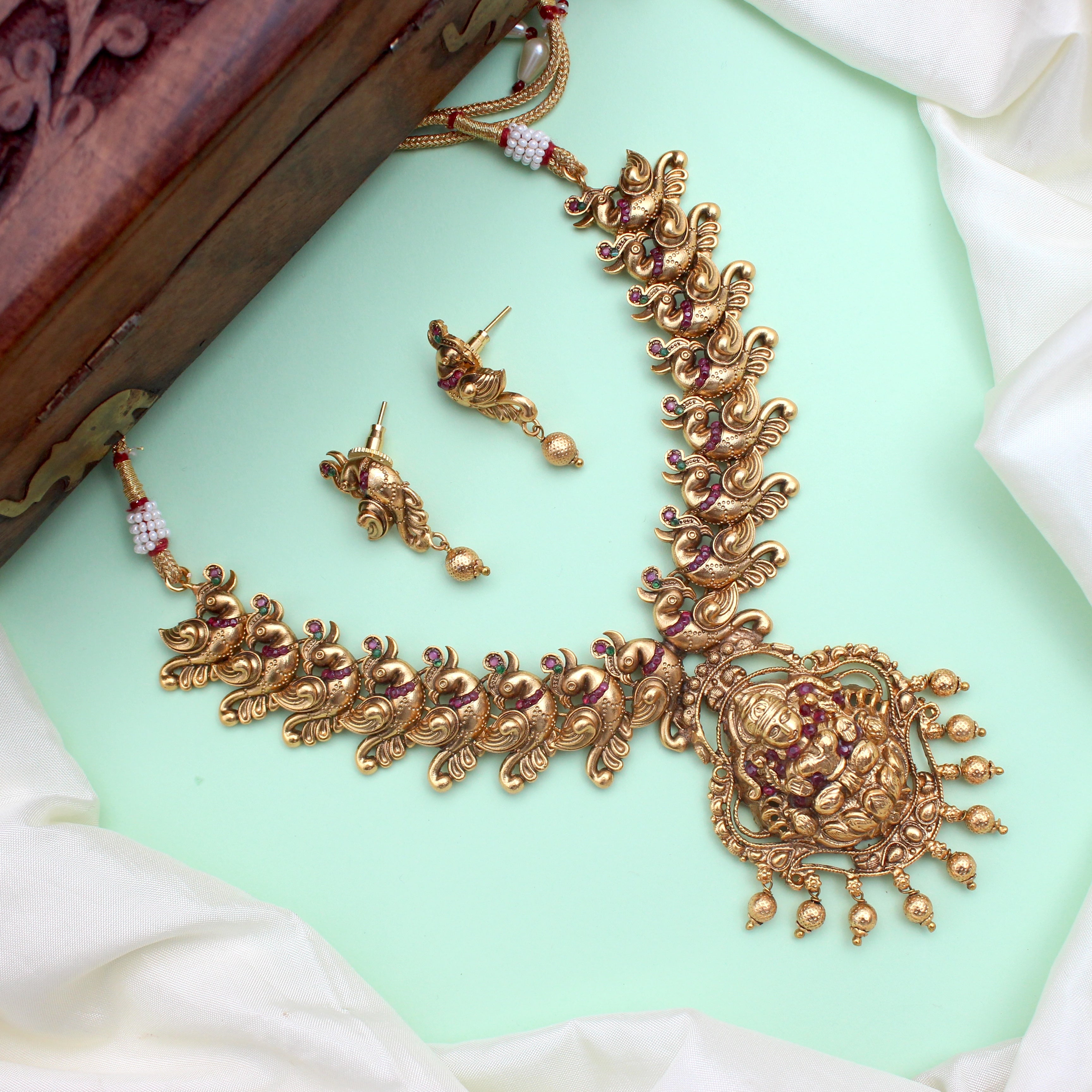 Antique Gold Nagas Mahalakshmi Peacock Temple Necklace Set