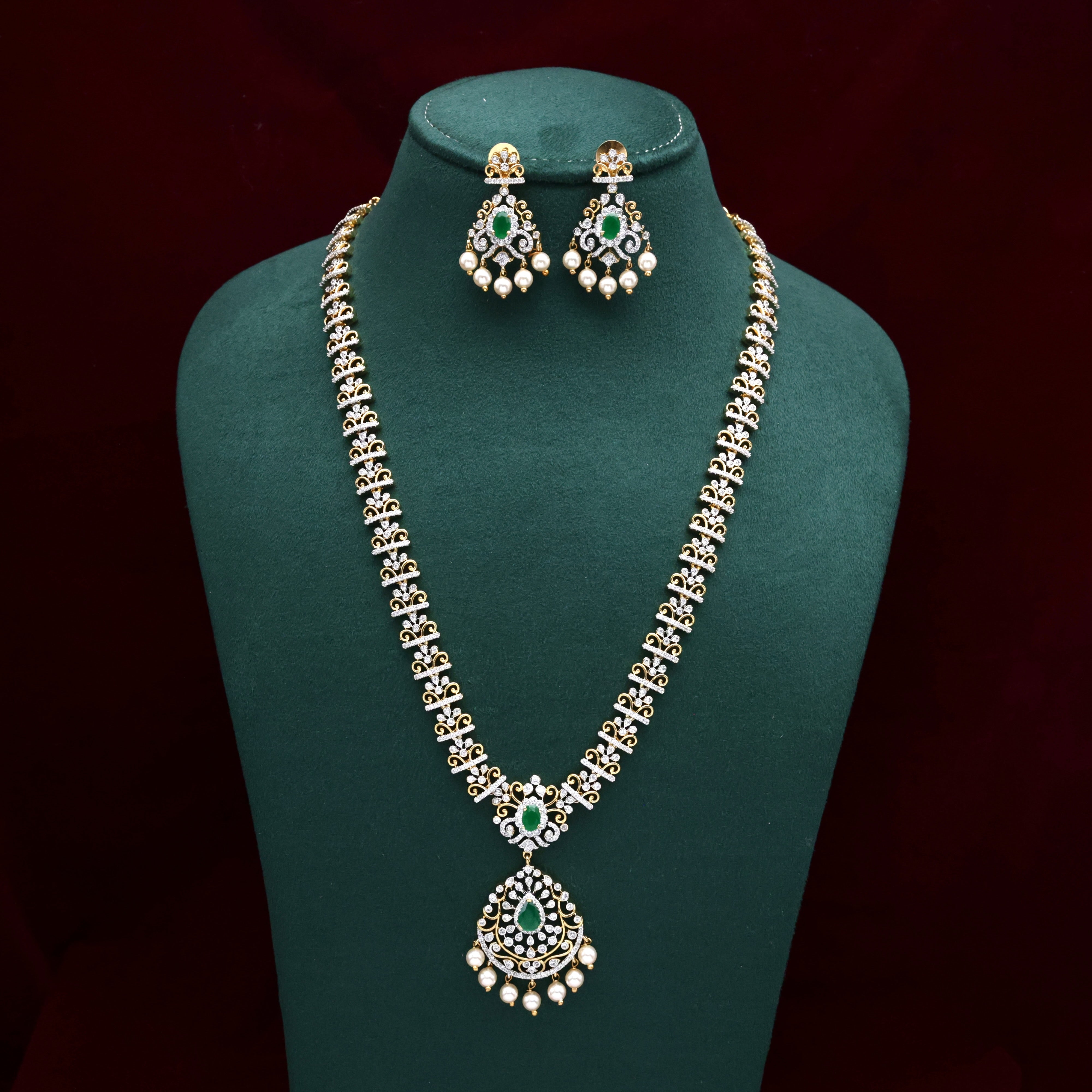 Diamond Look AD Tilak Drop Flower Pearls Bridal Haaram - Green