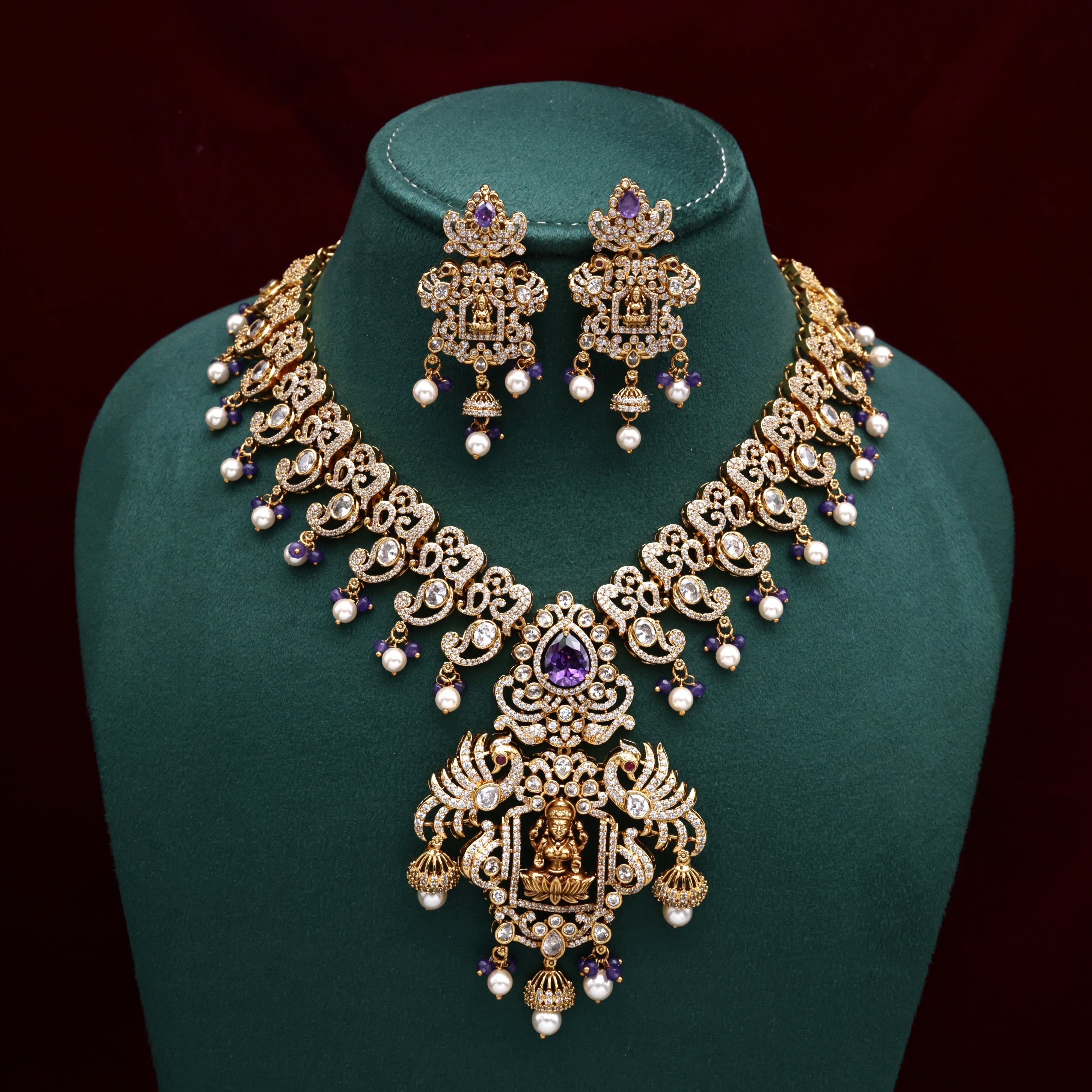 AD Diamond Look Lakshmi Rettapakshi Bridal Necklace Set - Purple
