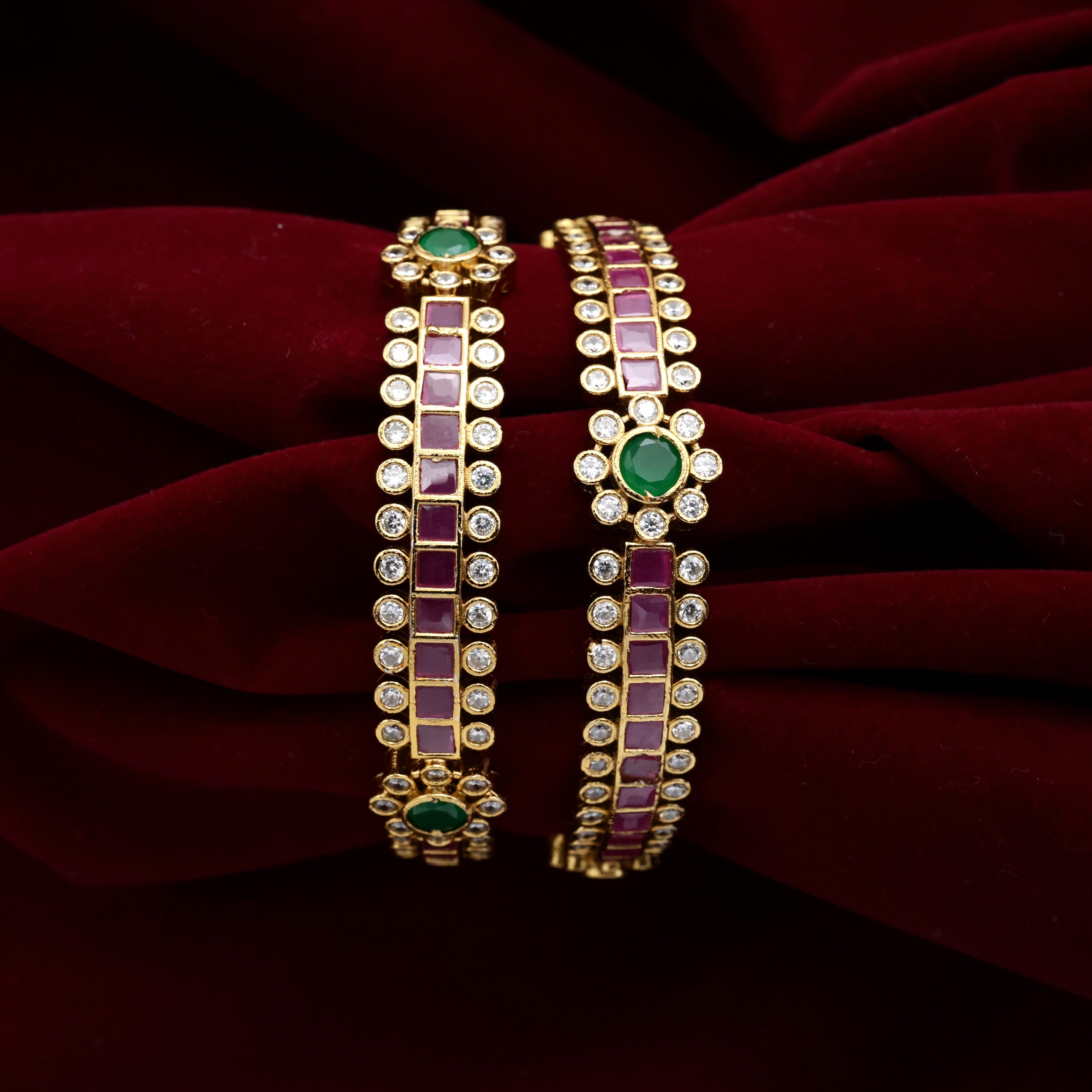 AD Square Stone Flower Border Bangles Ruby,White & Green - 2.6