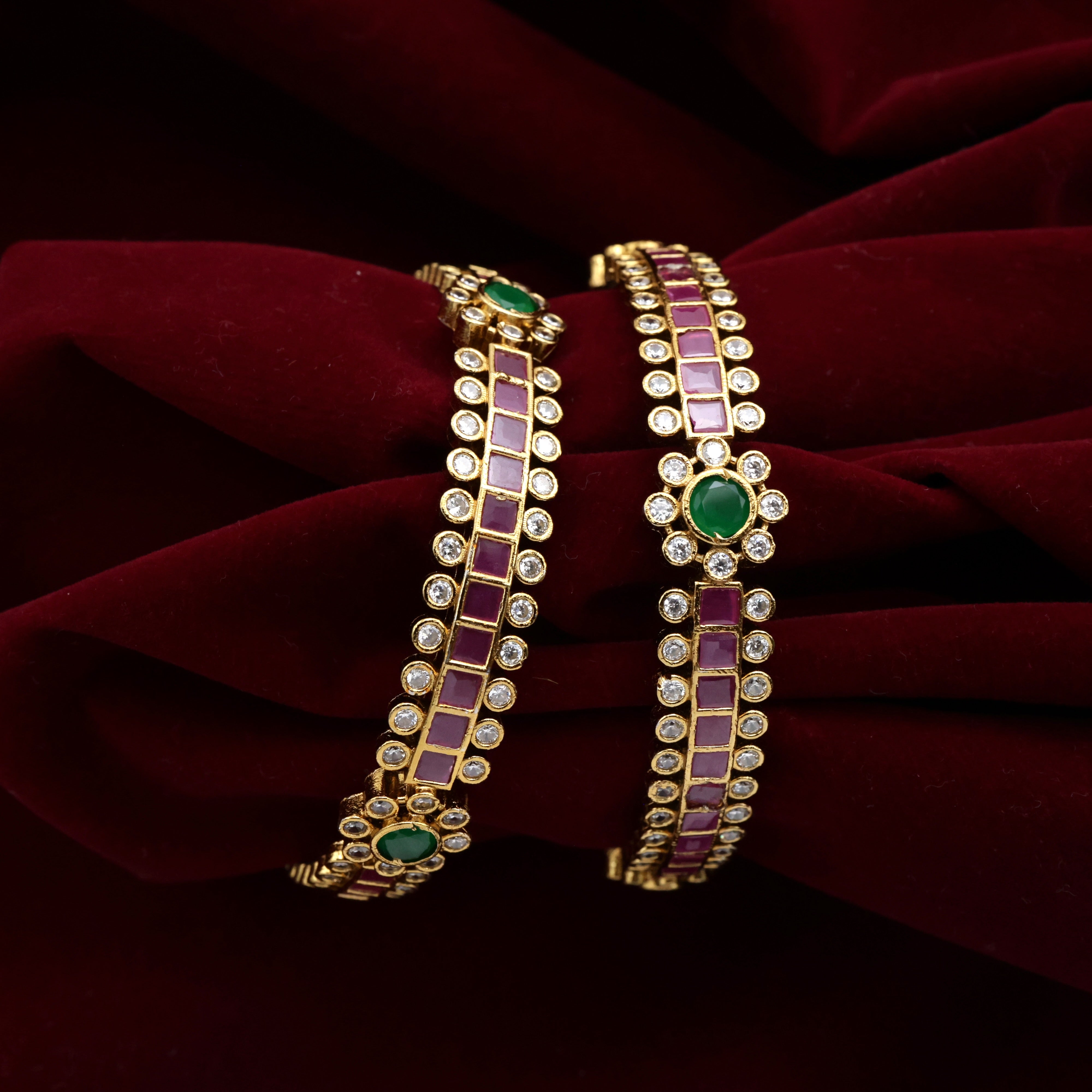 AD Square Stone Flower Border Bangles Ruby,White & Green - 2.6