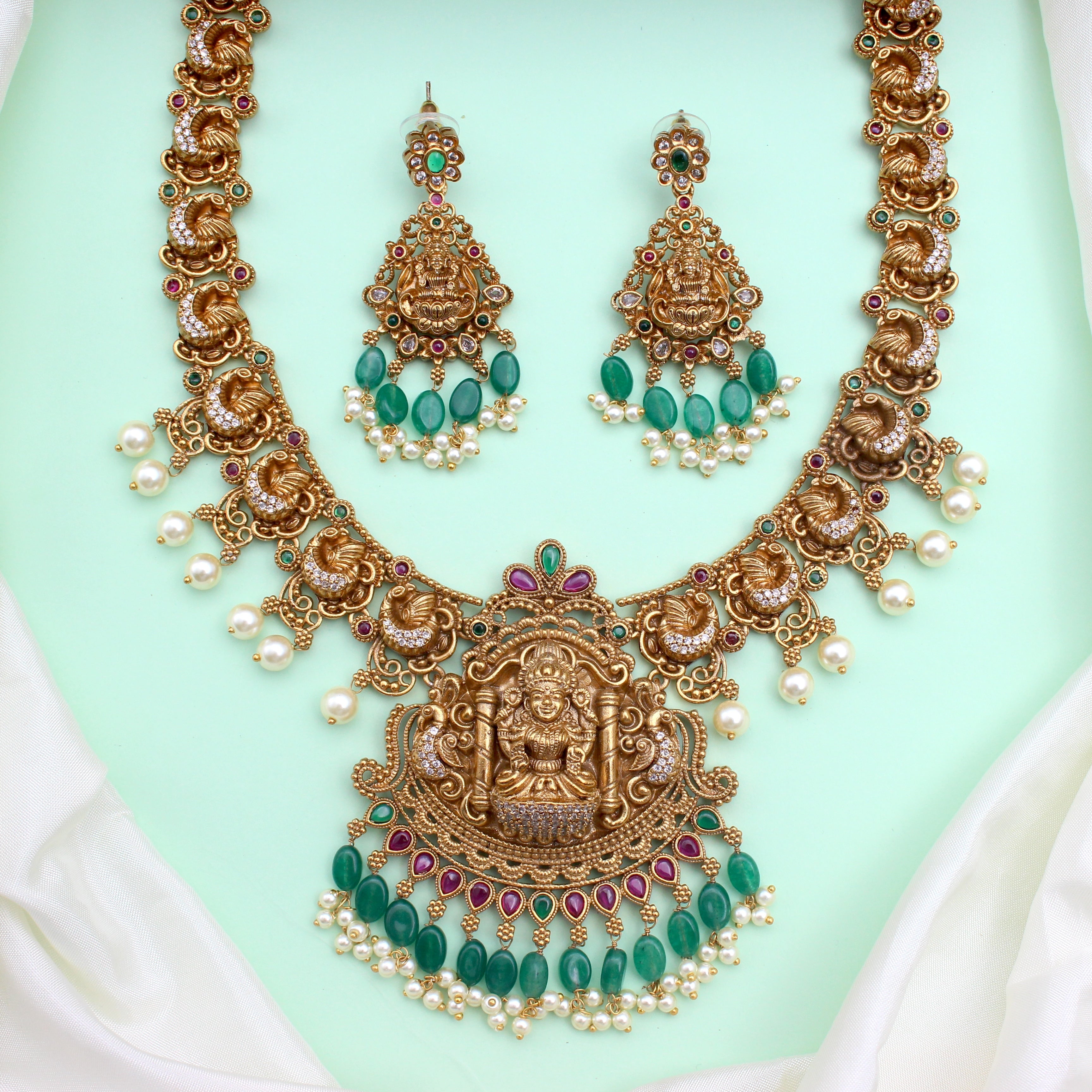 Real Gold Look Antique Matte Nagas Work Lakshmi with Annam AD Kemp Bridal Haaram