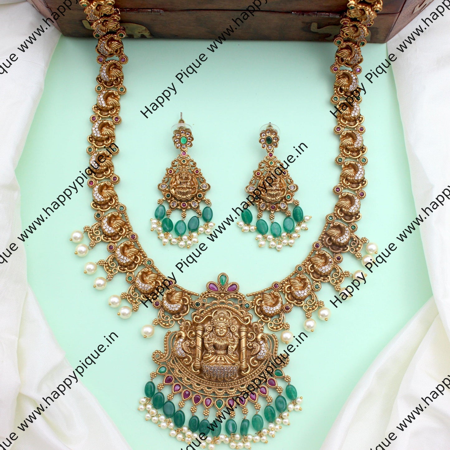 Real Gold Look Antique Matte Nagas Work Lakshmi with Annam AD Kemp Bridal Haaram