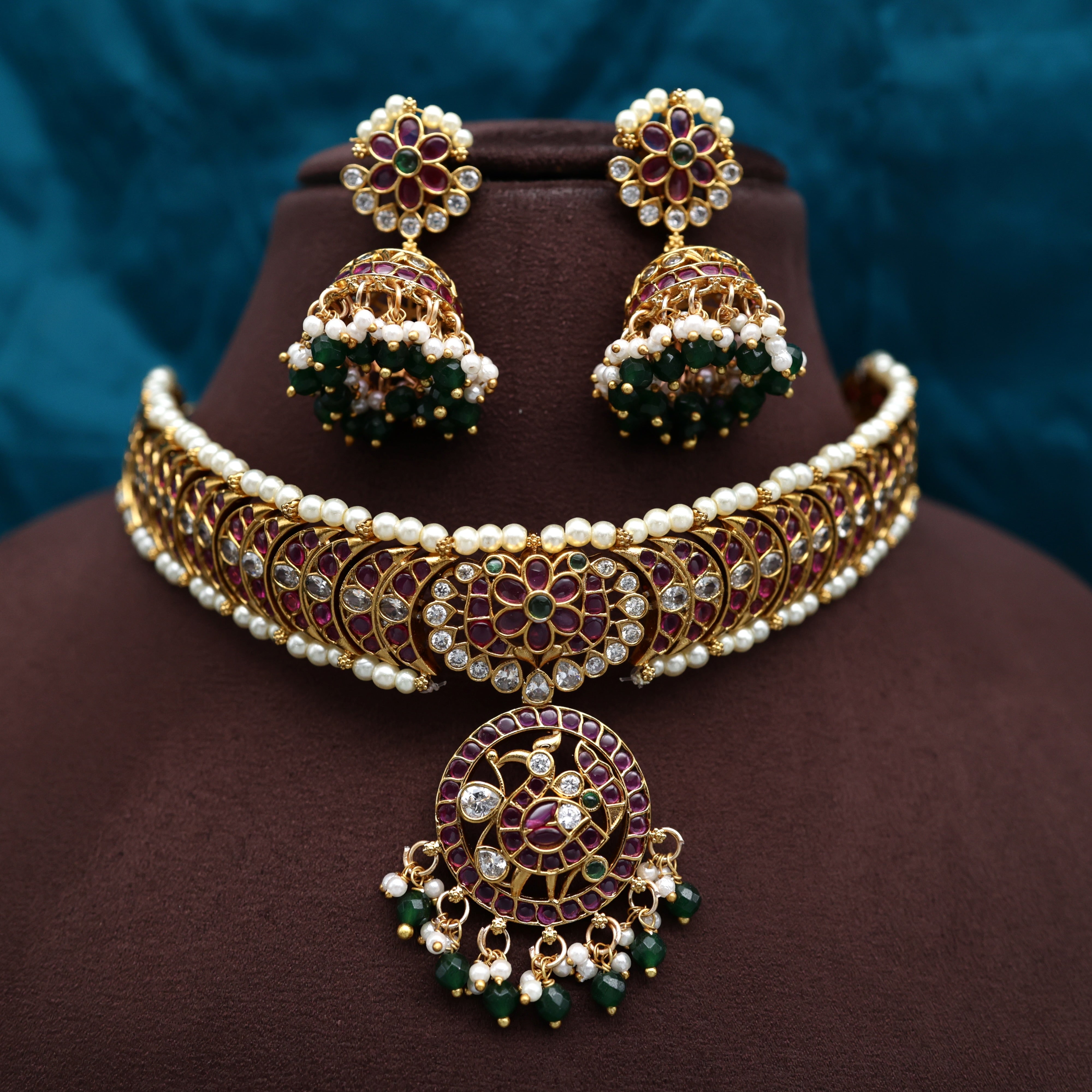 Premium Kemp Pearl Outline Peacock Chakri Choker Necklace Set ( Centre Dollar Removable)
