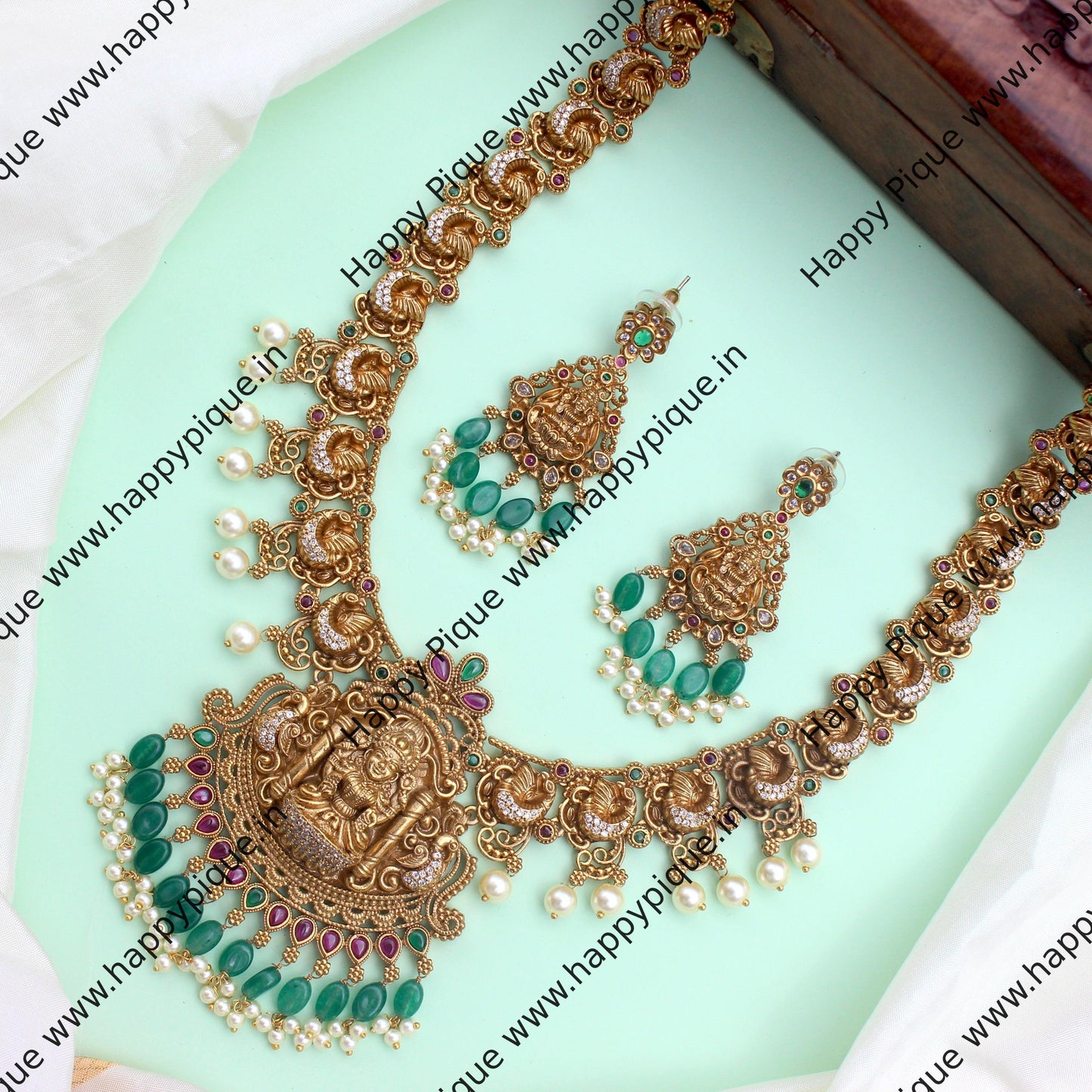 Real Gold Look Antique Matte Nagas Work Lakshmi with Annam AD Kemp Bridal Haaram