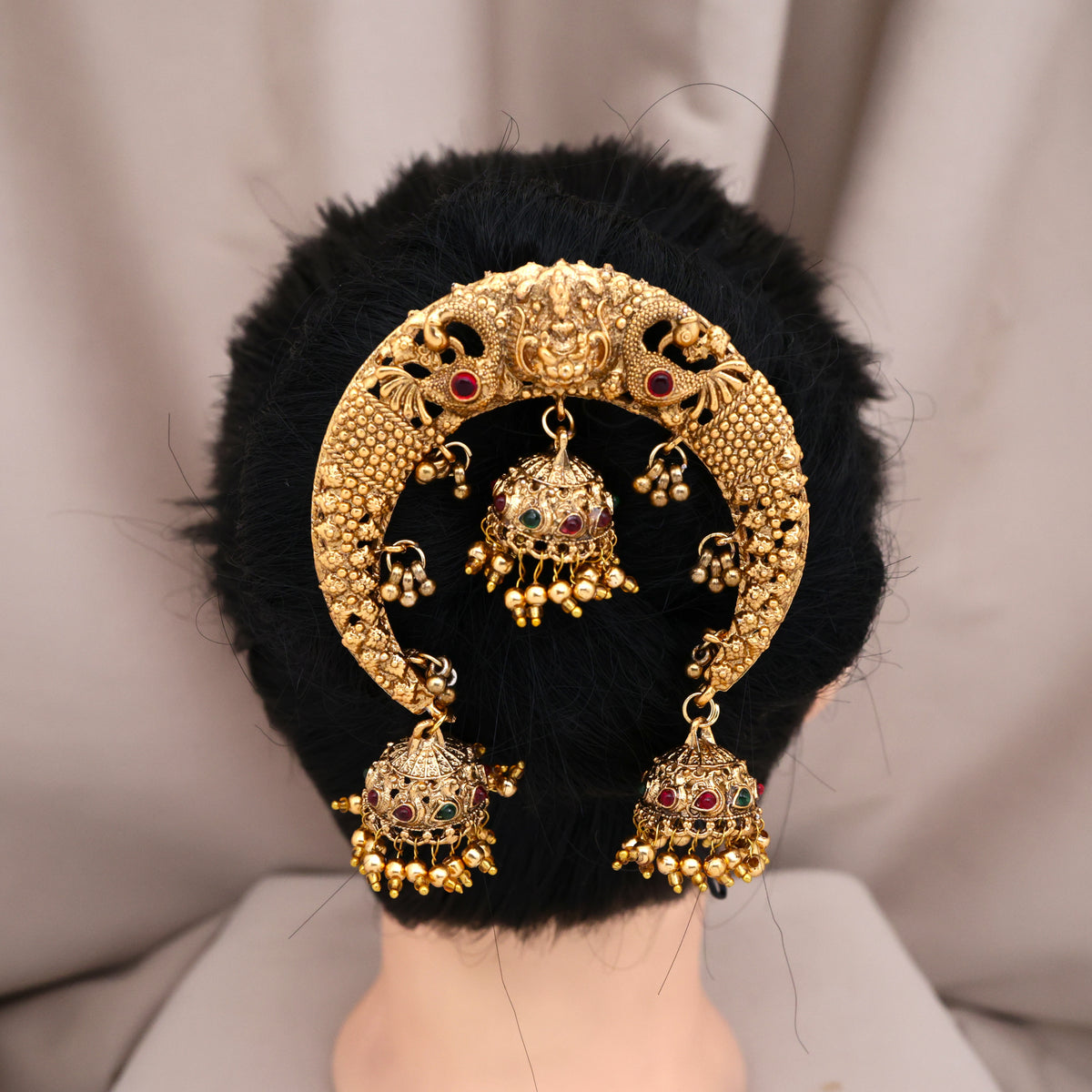 Antique Matte Lakshmi 3 Jhumkas Hanging Bridal Arch Choti