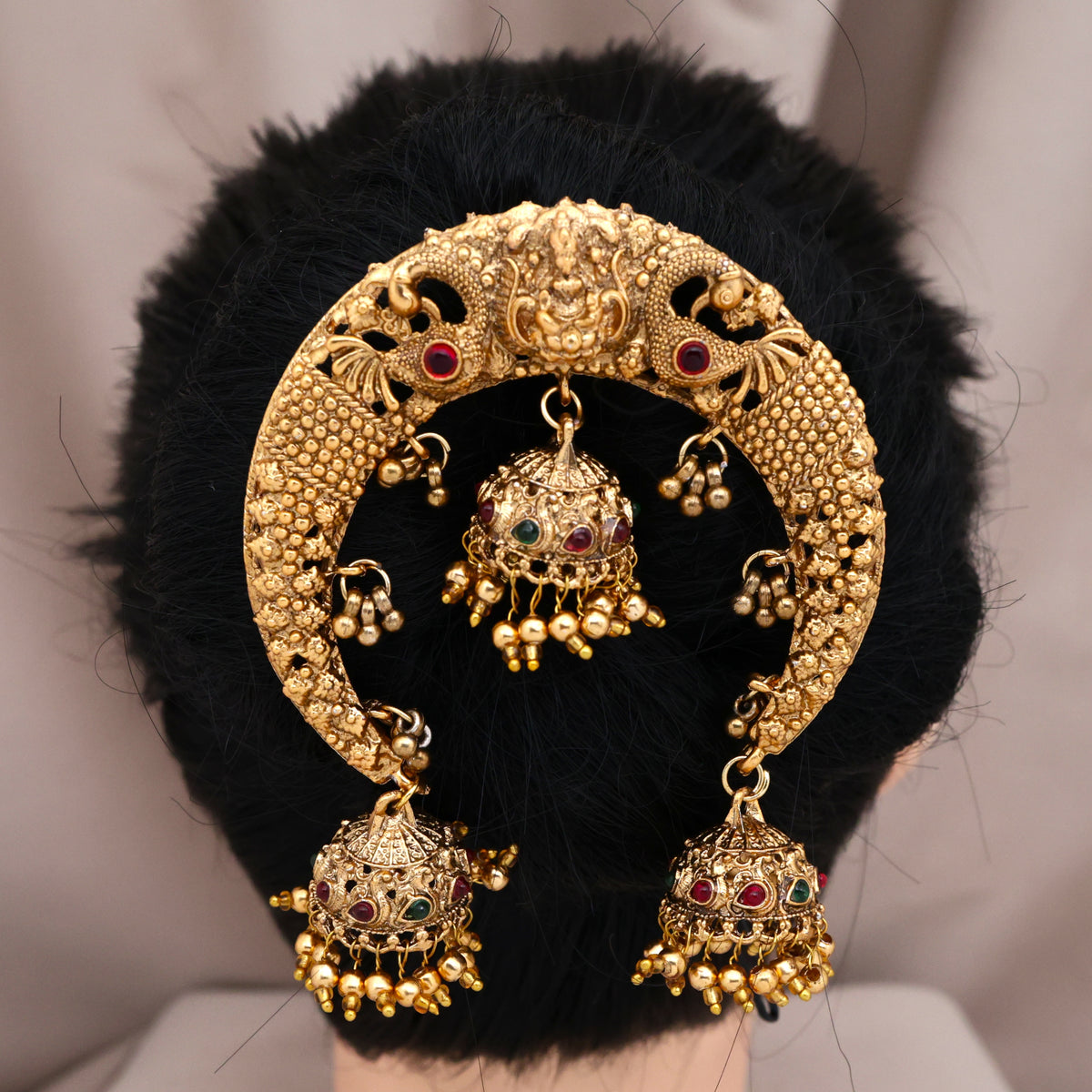 Antique Matte Lakshmi 3 Jhumkas Hanging Bridal Arch Choti