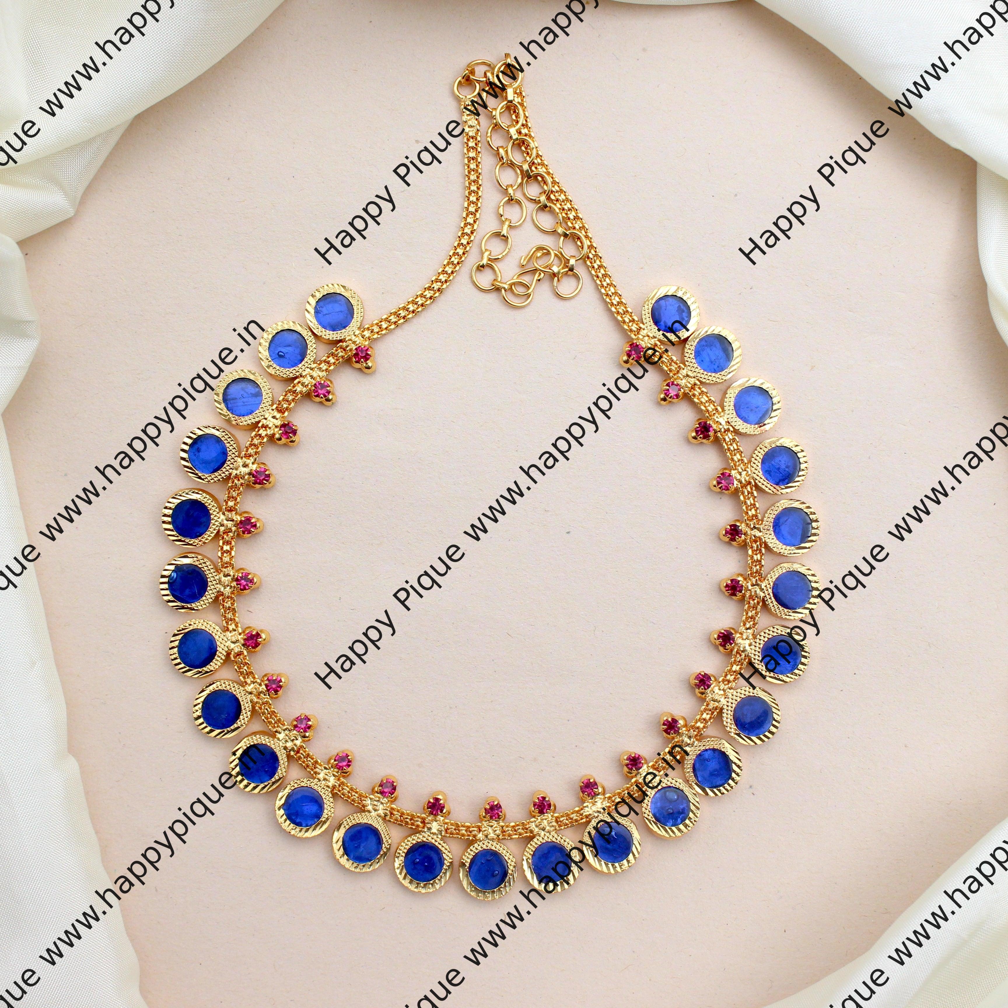 Real Gold Tone Traditional Kerala AD Round Necklace - Blue