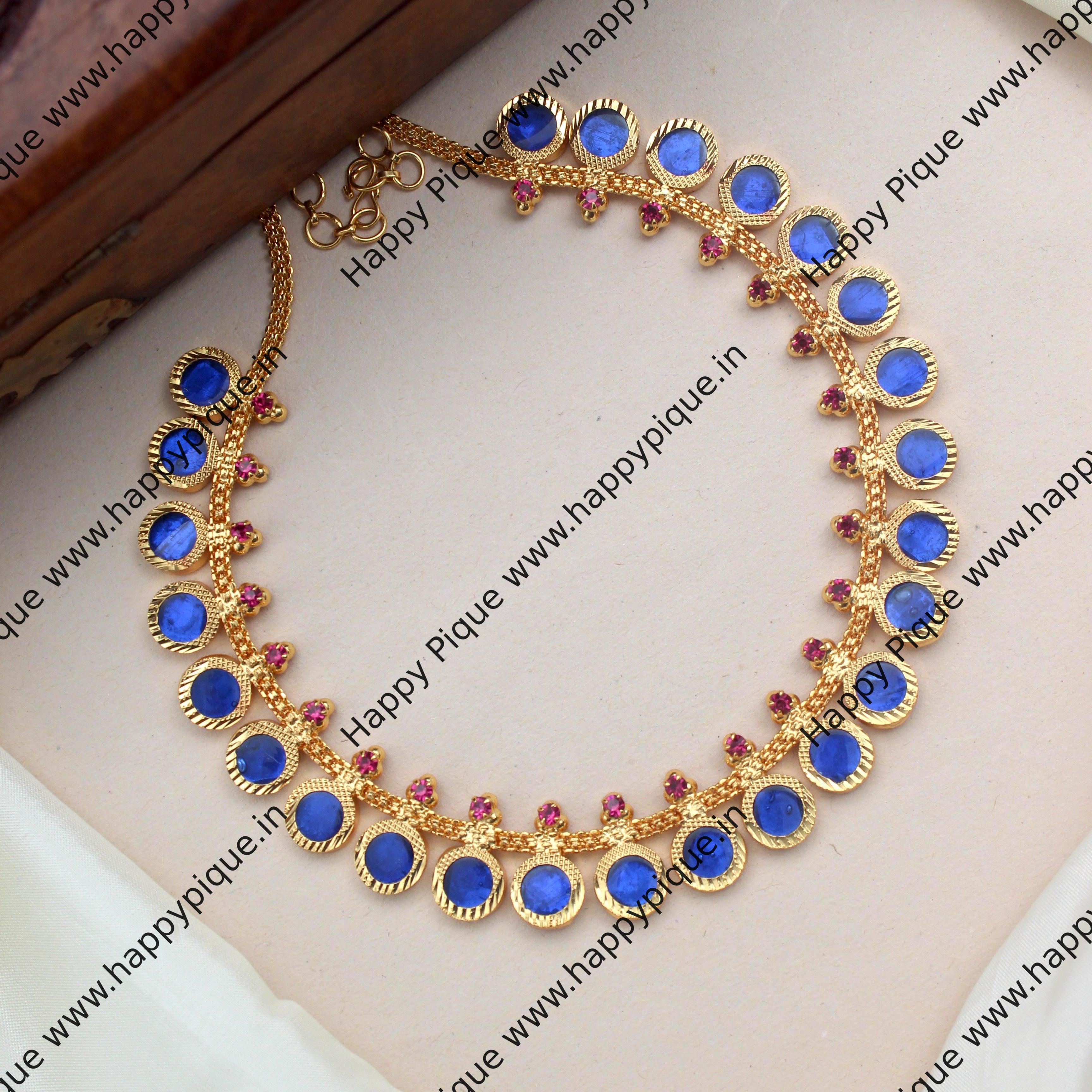 Real Gold Tone Traditional Kerala AD Round Necklace - Blue