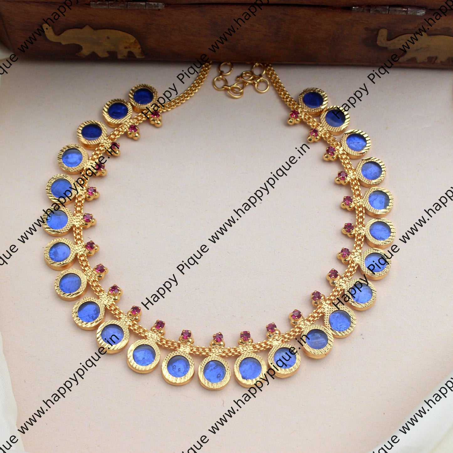Real Gold Tone Traditional Kerala AD Round Necklace - Blue