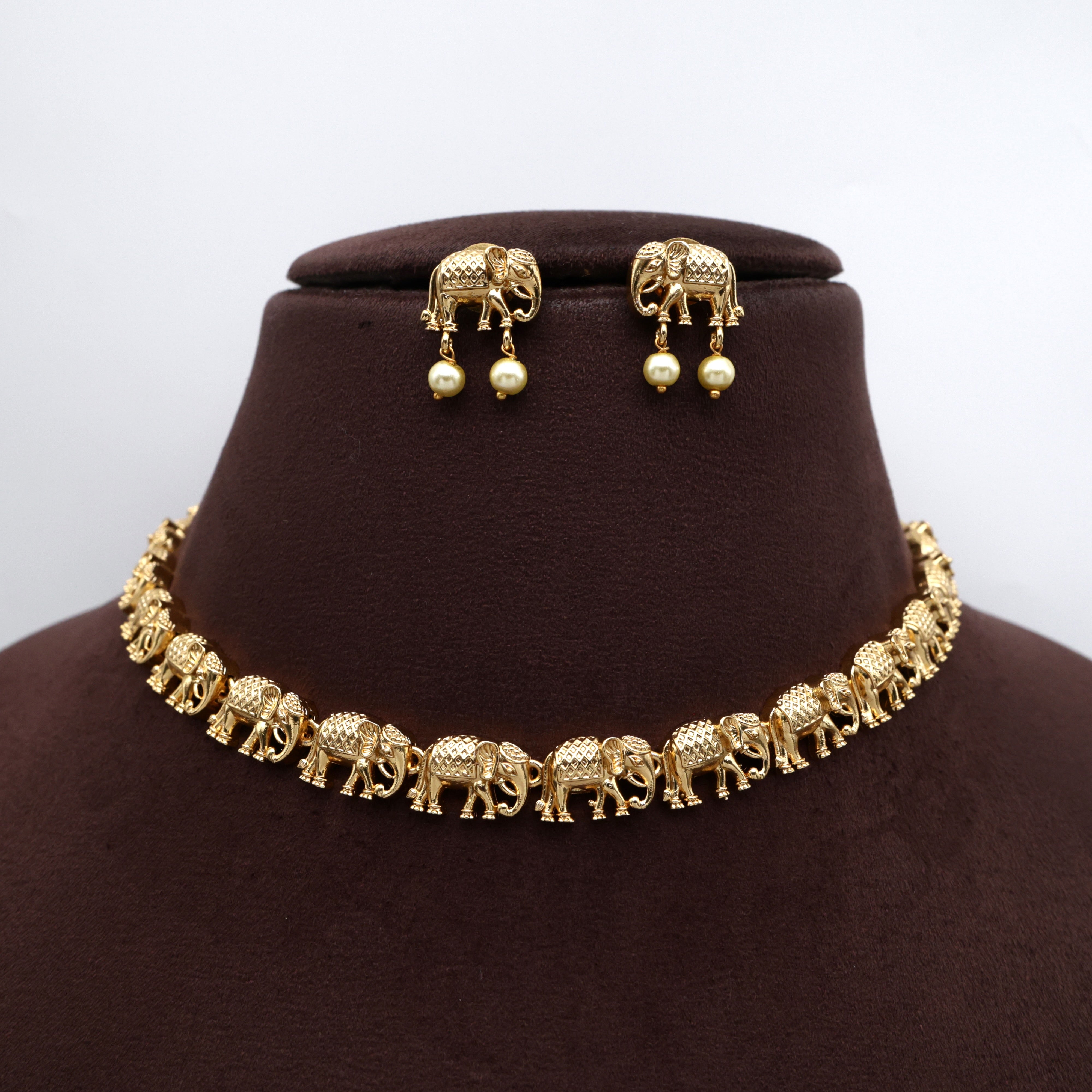 Gold Look Antique Kids Friendly Elephant Necklace Set