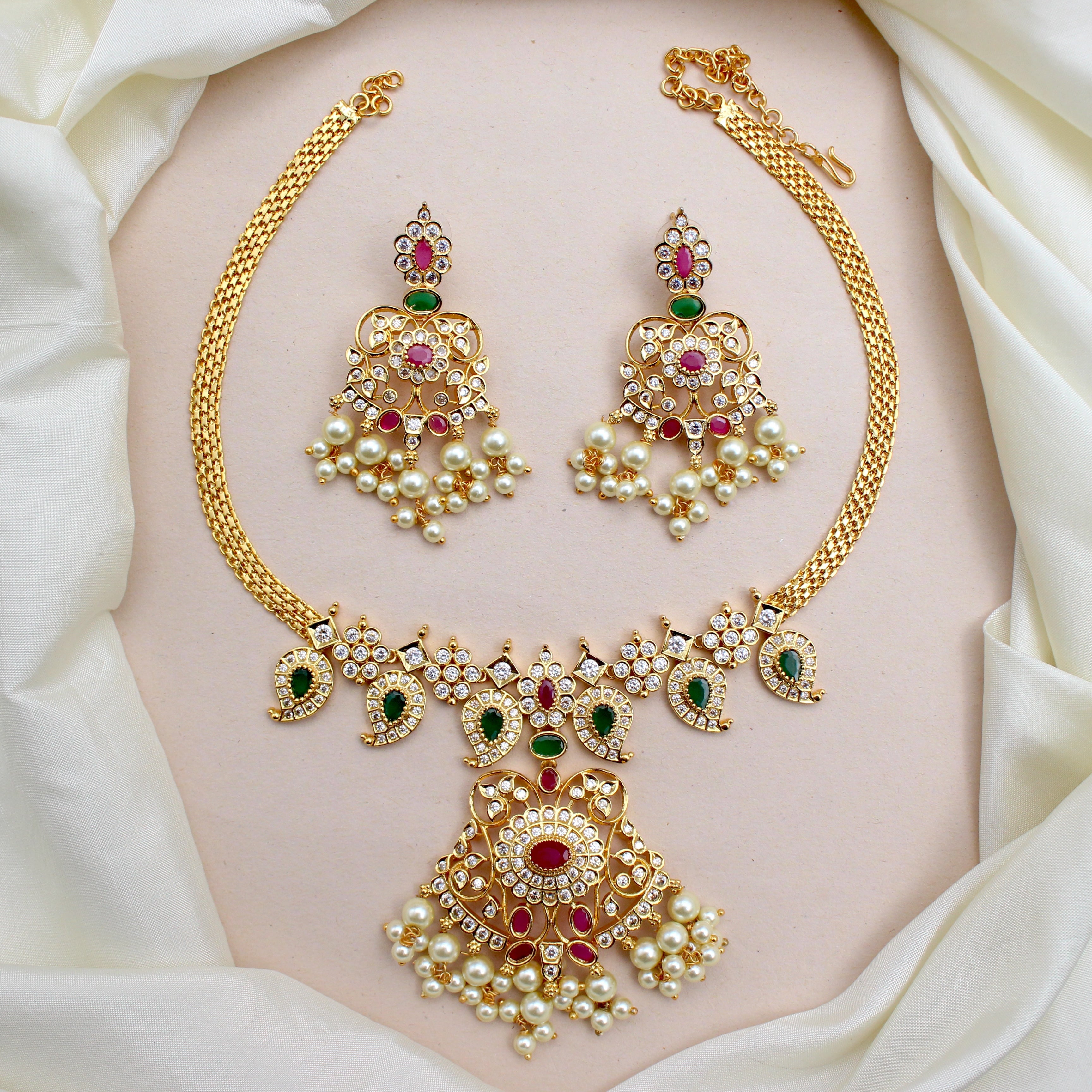 Micro Gold AD Mango Traditional Attigai Necklace Set