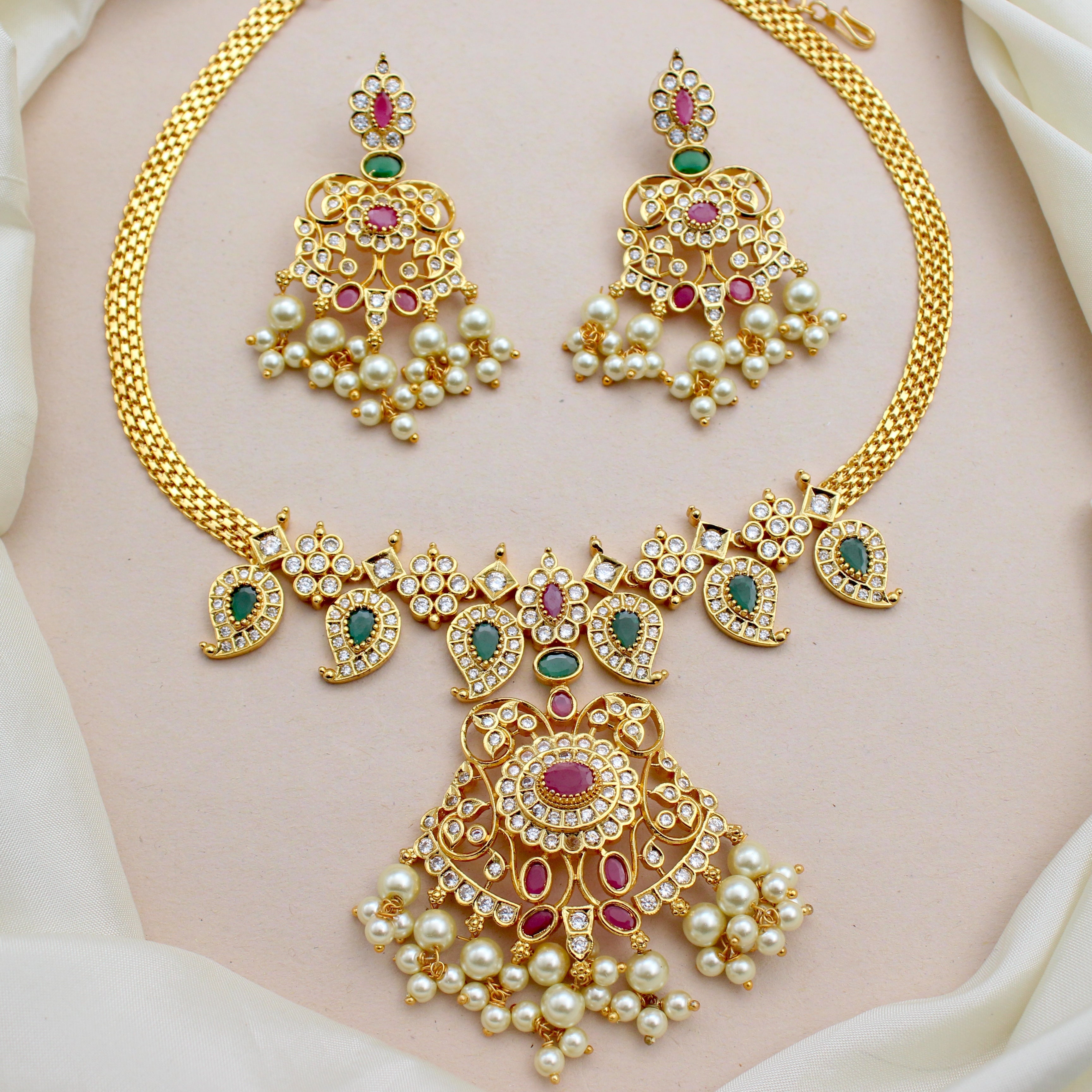 Micro Gold AD Mango Traditional Attigai Necklace Set