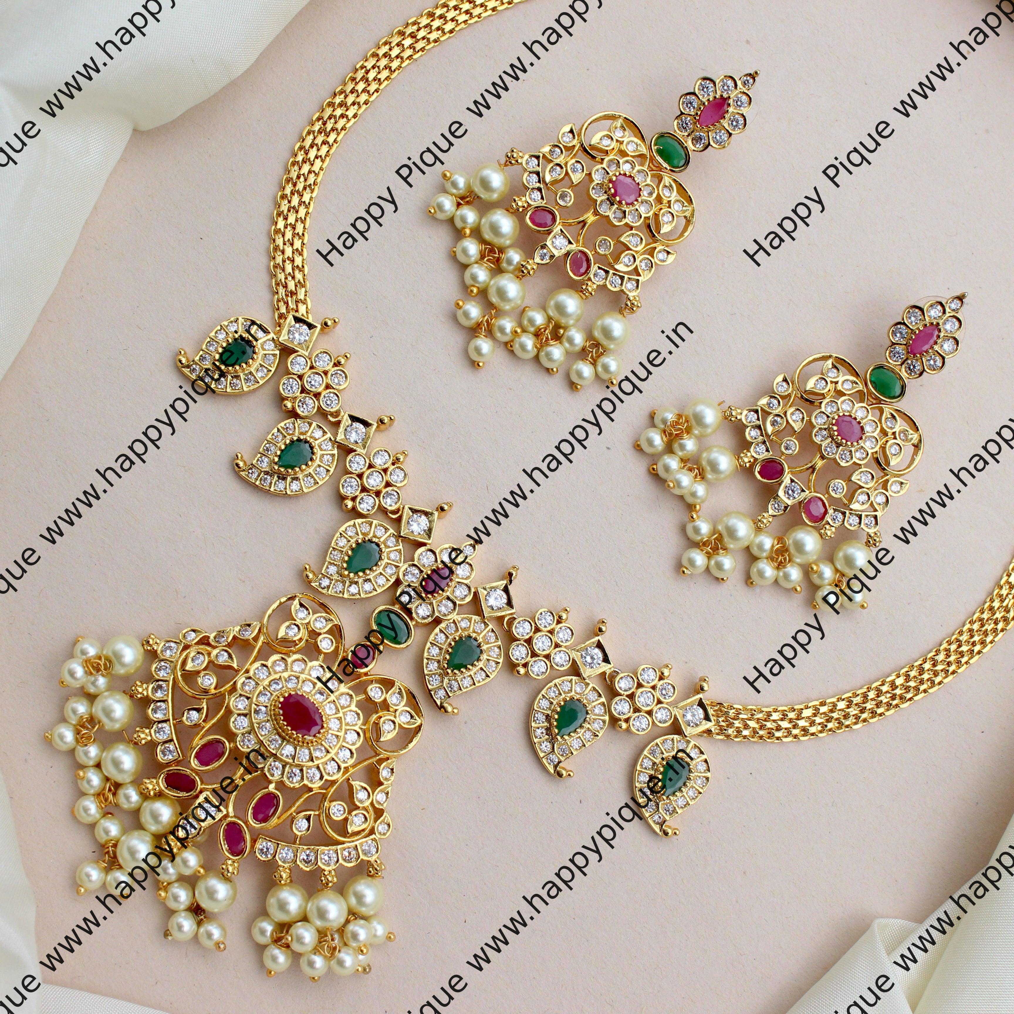 Micro Gold AD Mango Traditional Attigai Necklace Set