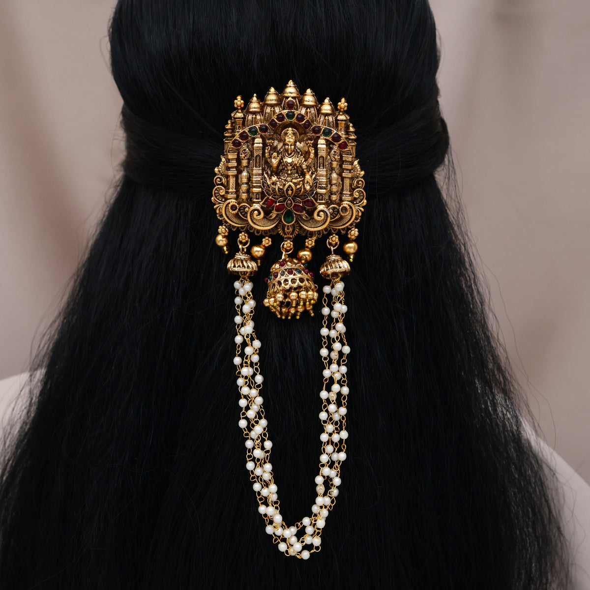 Antique Matte Temple Gopuram Lakshmi Jhumka Pearl Hanging Bridal Single Choti
