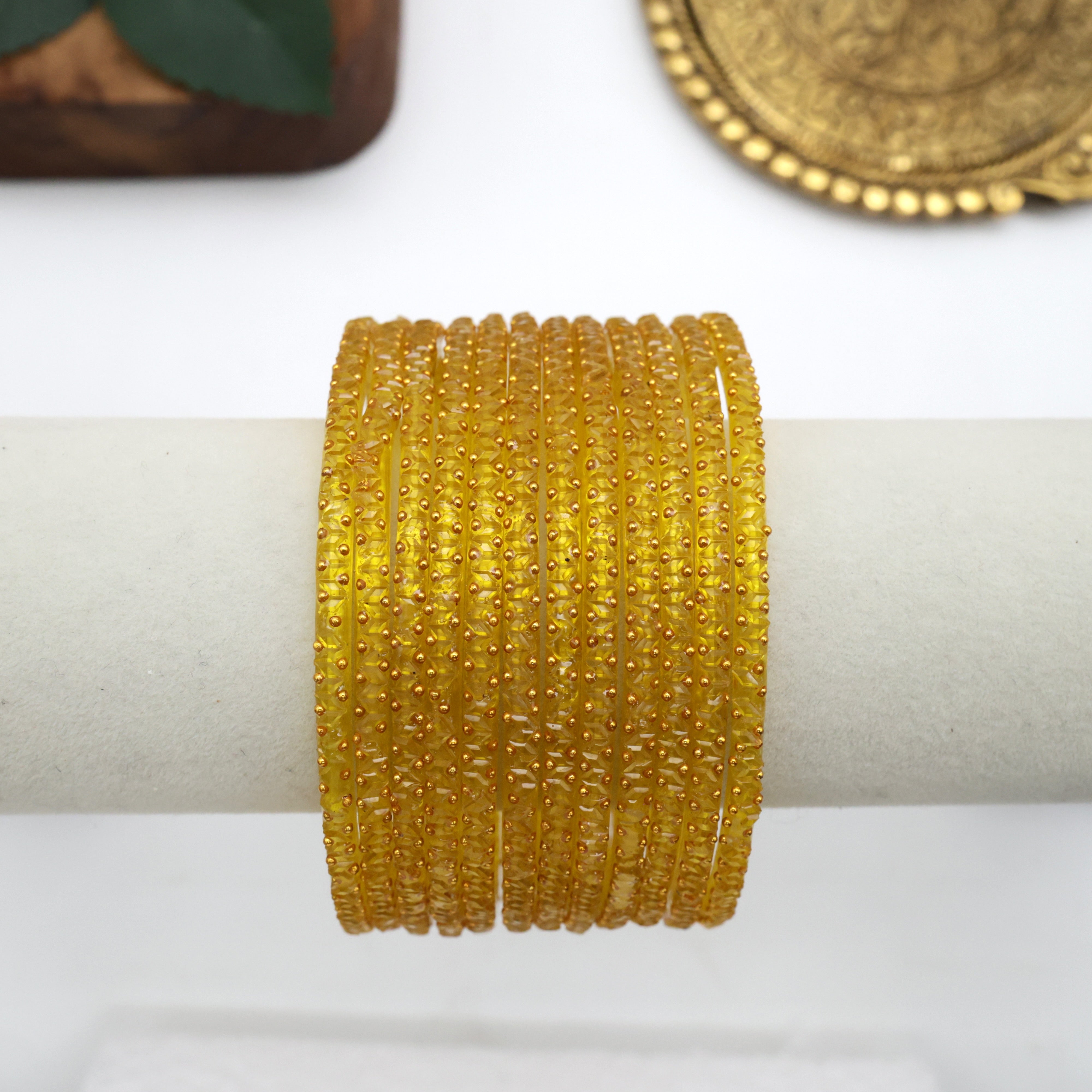 Diamond Crystal Cut Glass Bangles - Yellow