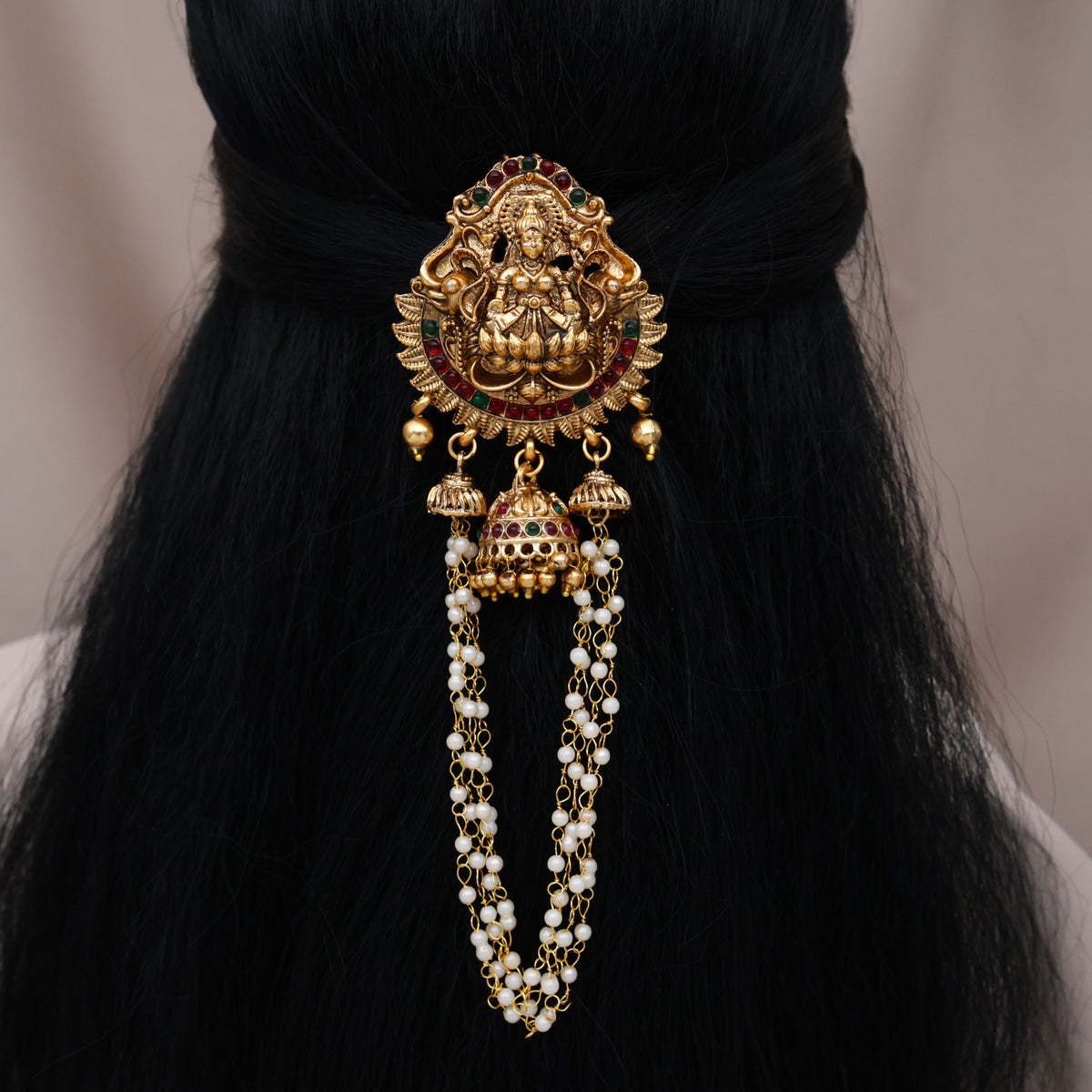 Antique Matte Budget Friendly Jhumka Pearl Hanging Single Piece Lakshmi Bridal Choti