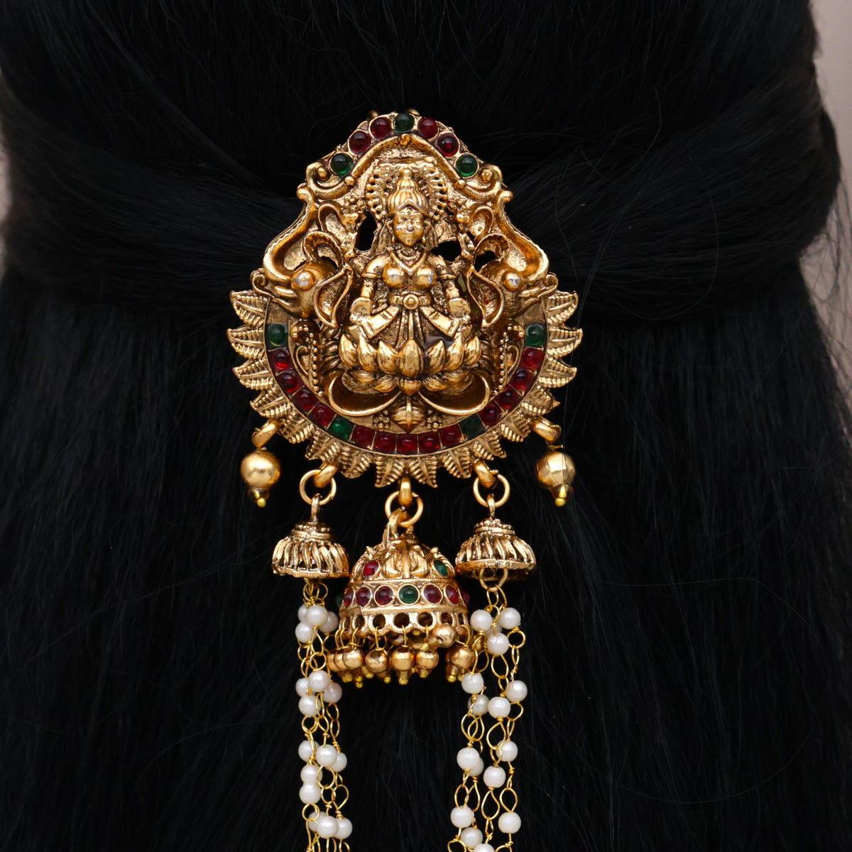 Antique Matte Budget Friendly Jhumka Pearl Hanging Single Piece Lakshmi Bridal Choti