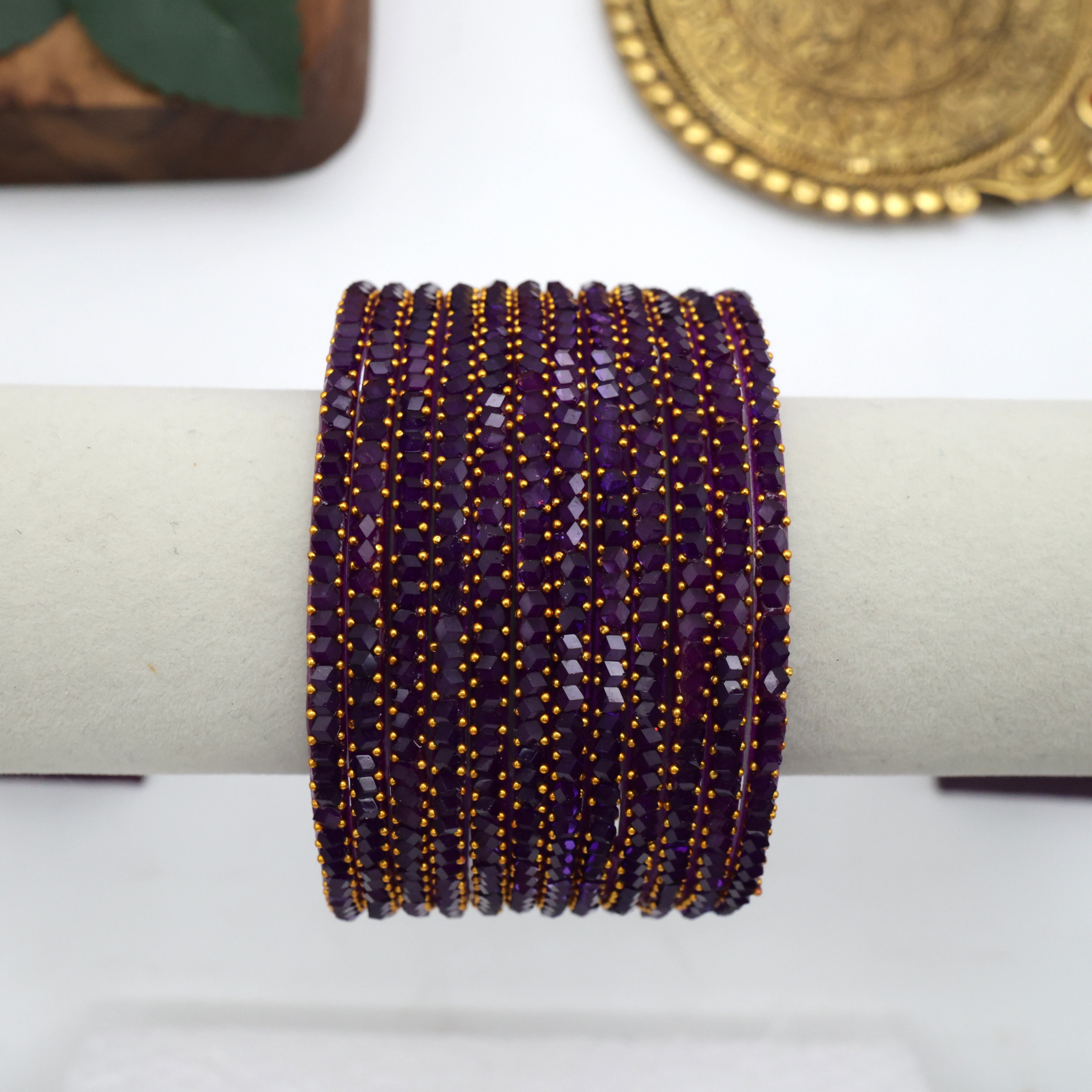 Diamond Crystal Cut Glass Bangles - Dark Purple