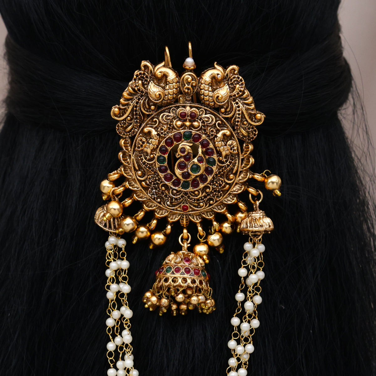 Antique Matte Budget Friendly Mayil Chakram Jhumka Pearls Hanging Single Piece Bridal Hair Choti