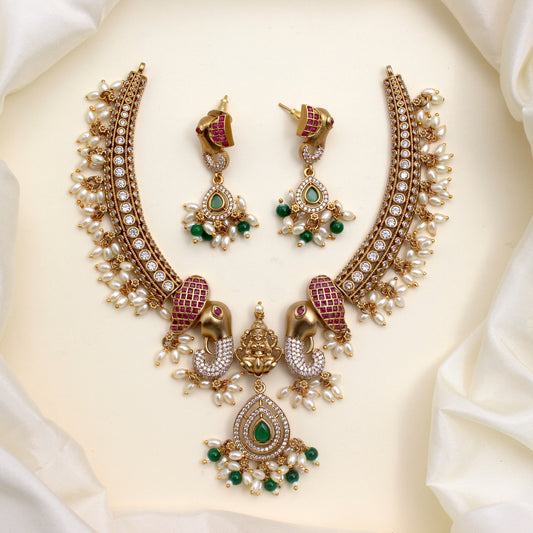 Antique Matte AD Gajalakshmi Bridal Hasli Necklace Set