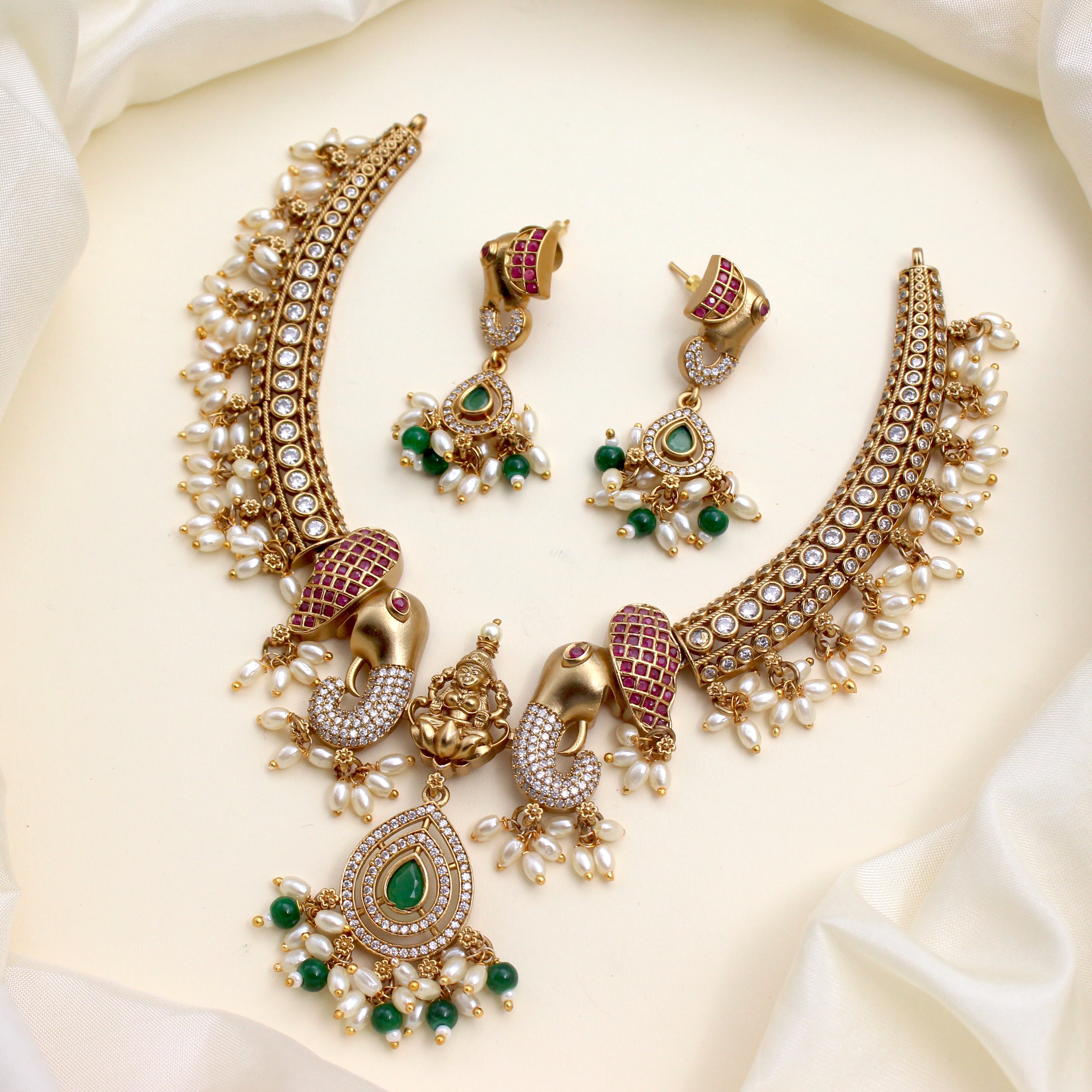 Antique Matte AD Gajalakshmi Bridal Hasli Necklace Set