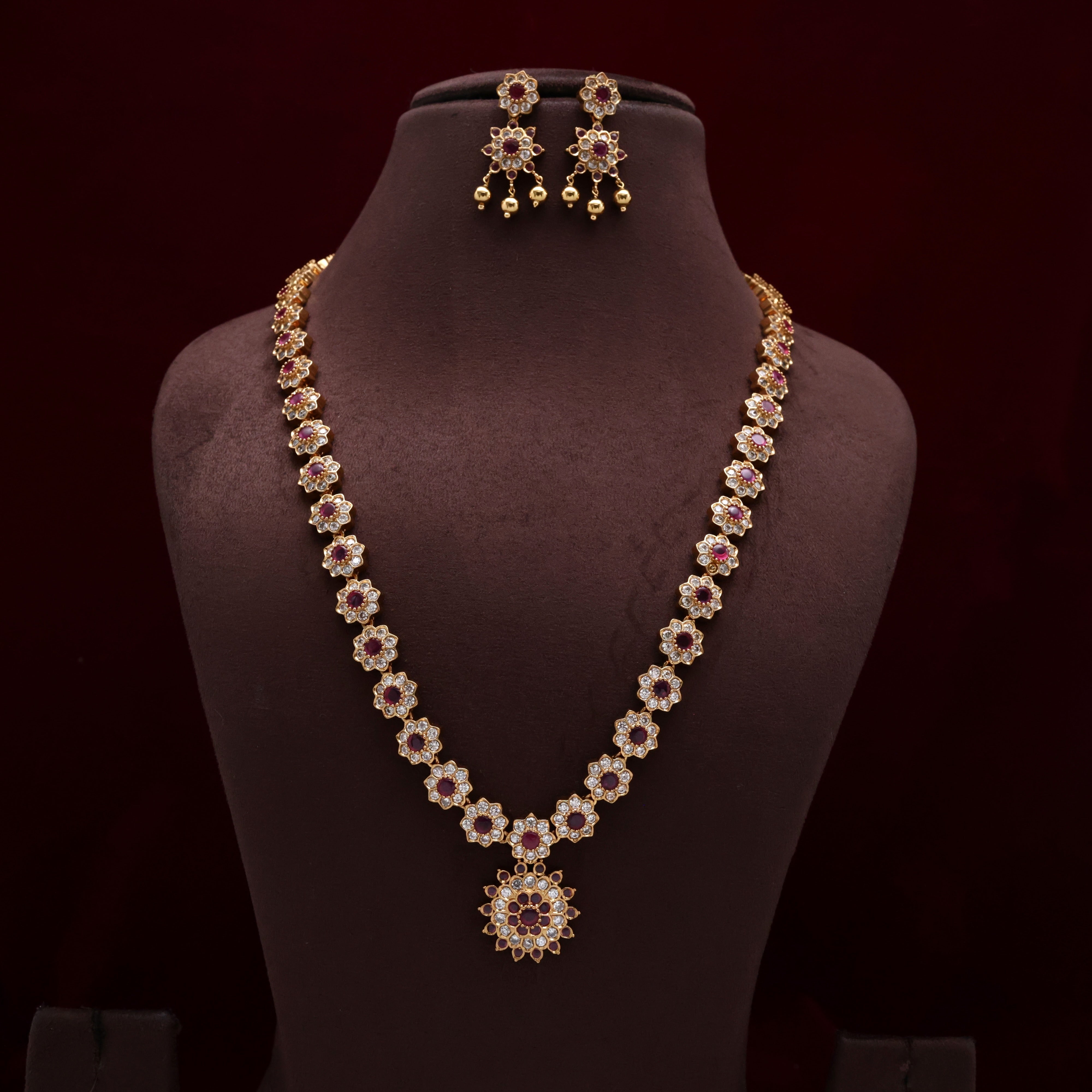 Premium AD Kemp Star Flower Bridal Vintage Style Haaram Set - White & Ruby