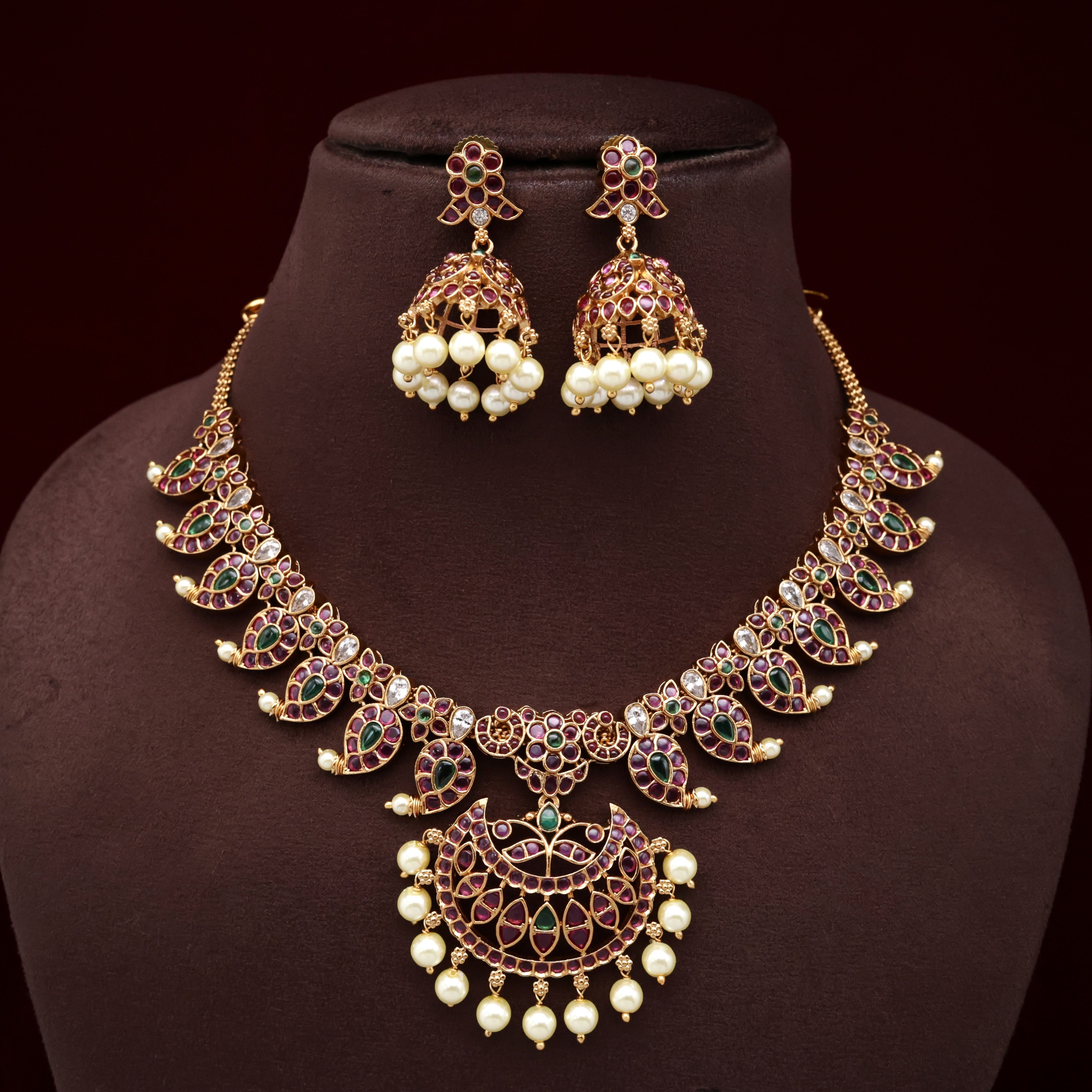 Premium Kemp Mango Chaand Bridal Necklace Set - Ruby & Green