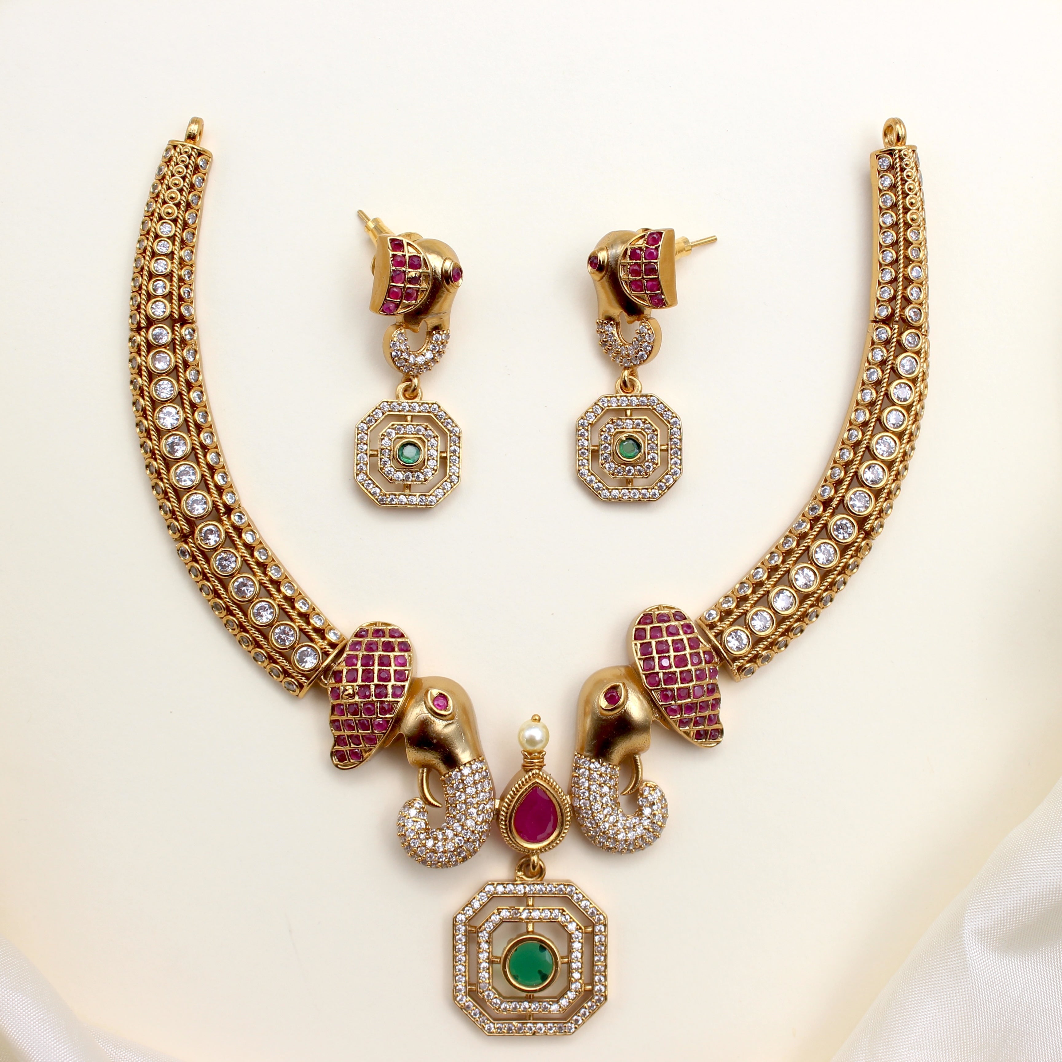 Antique Gold AD Bridal Elephant Hasli Necklace Set