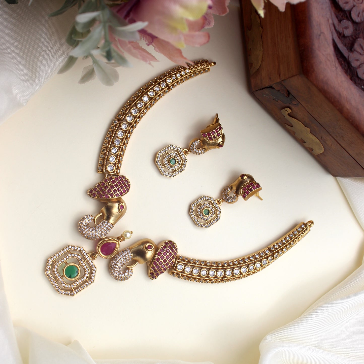 Antique Gold AD Bridal Elephant Hasli Necklace Set