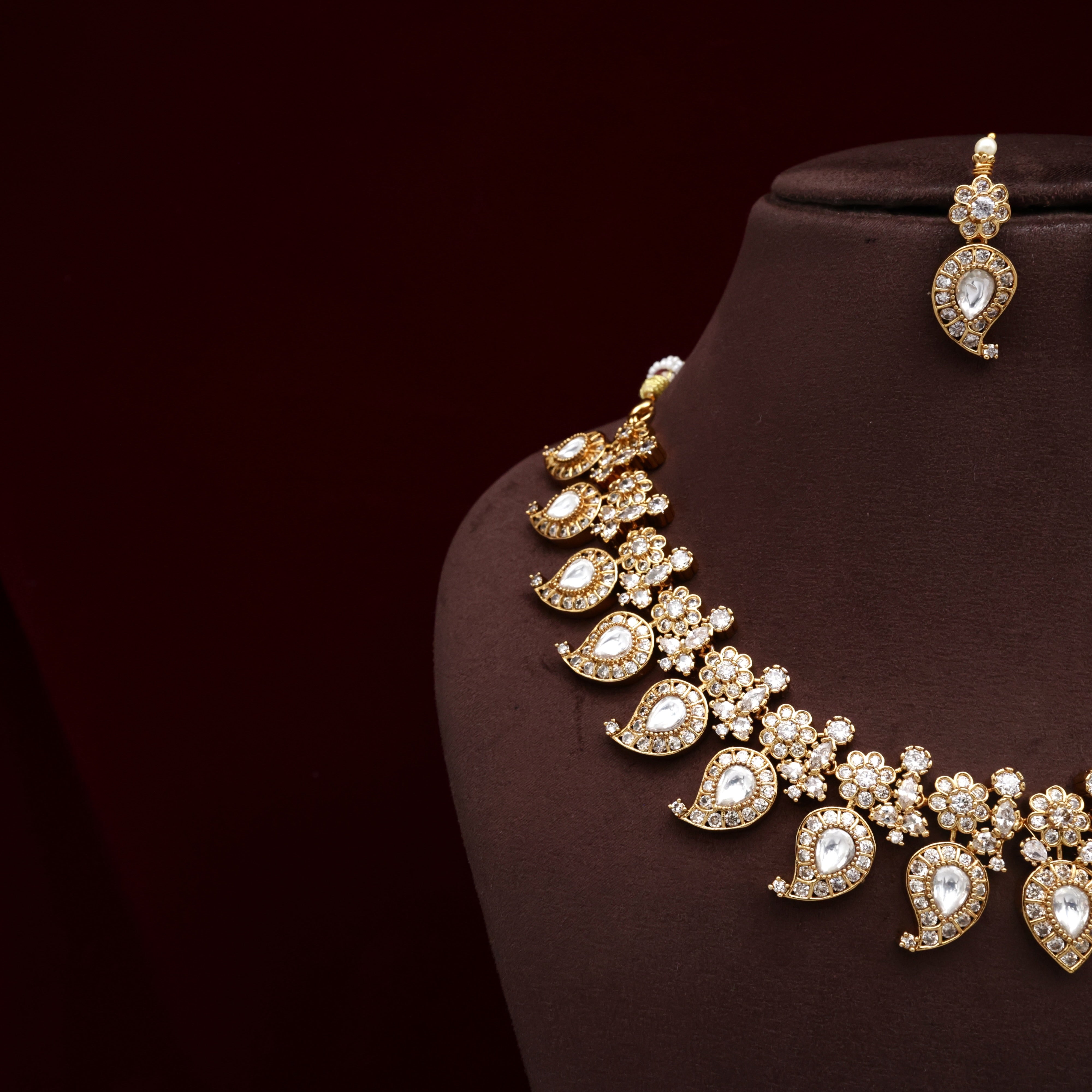 Premium AD Kundan Diamond Look Mango Bridal Necklace Set - White