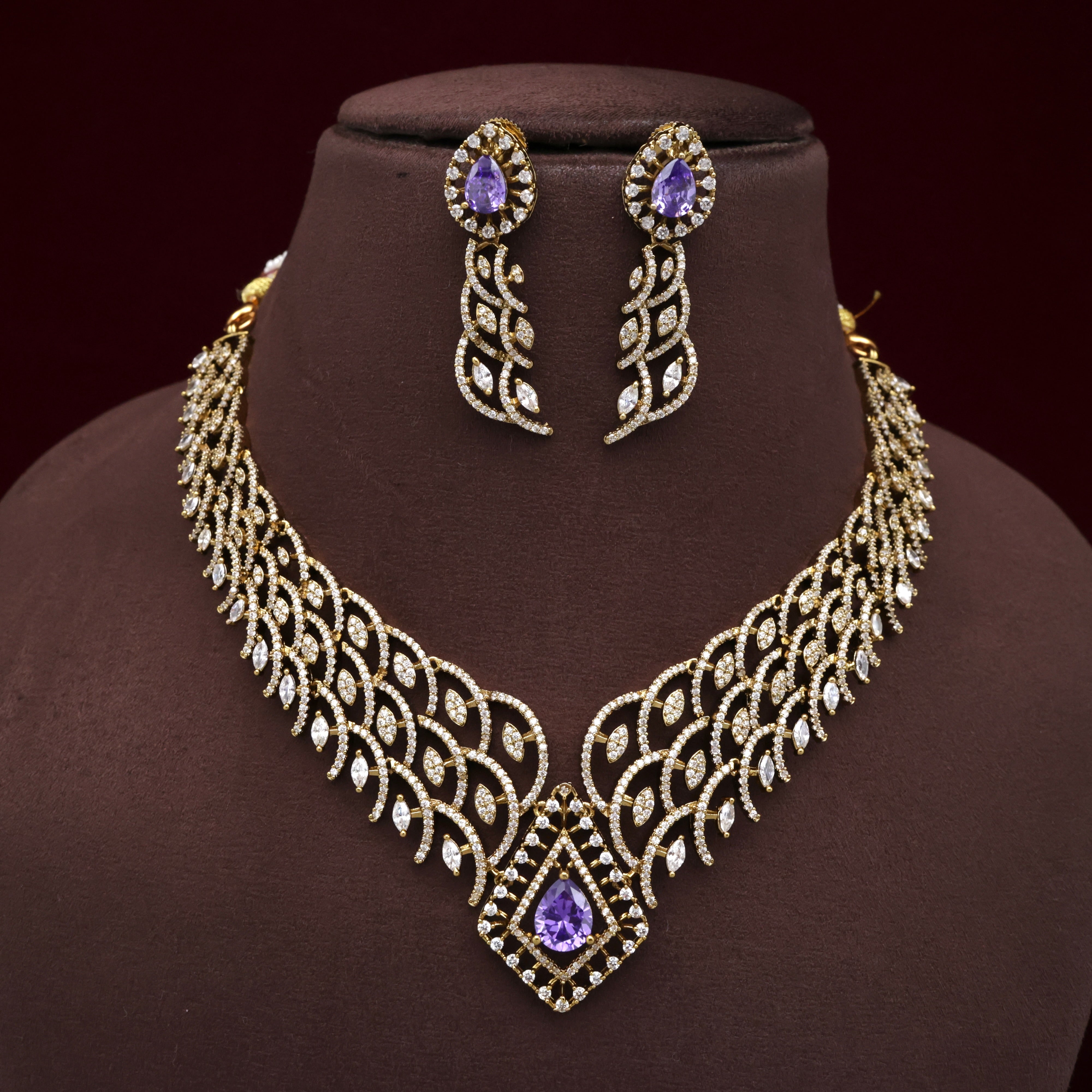 Diamond Look AD 3 Layer Bridal Necklace Set - Purple