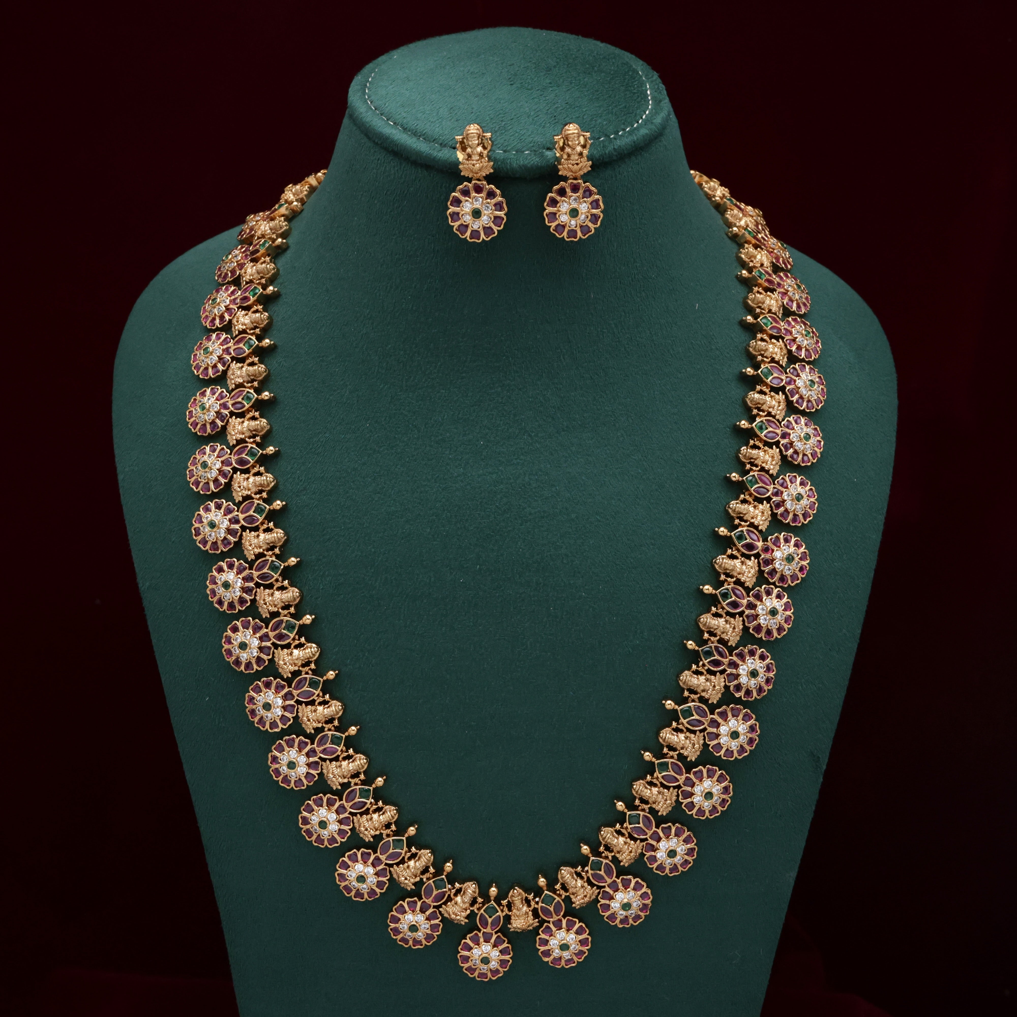 Premium Antique Kemp Kundan Lakshmi Leaf Butta Bridal Haaram Set