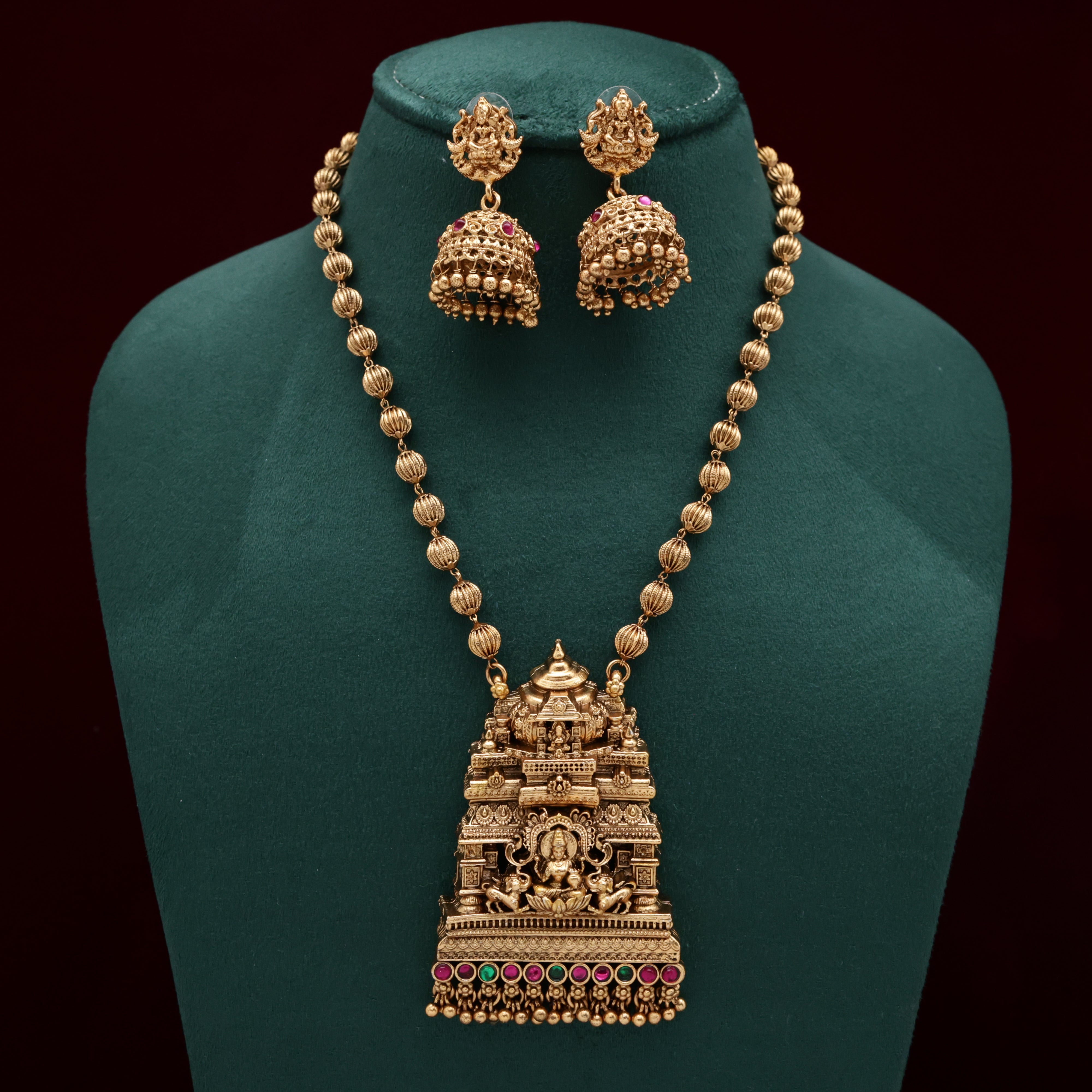 Antique Matte Mahalakshmi Devi Rajagopuram Pendant Necklace Set