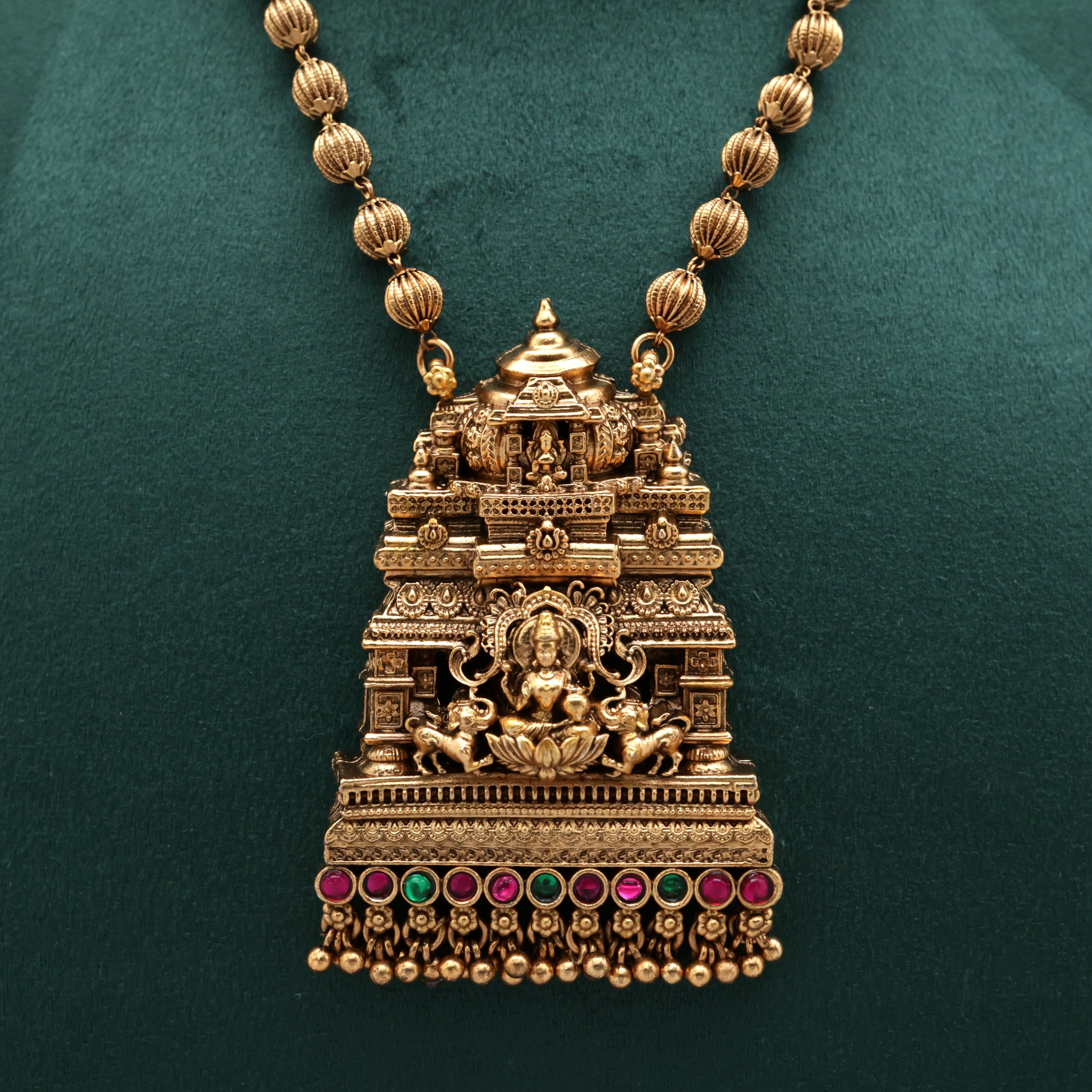 Antique Matte Mahalakshmi Devi Rajagopuram Pendant Necklace Set
