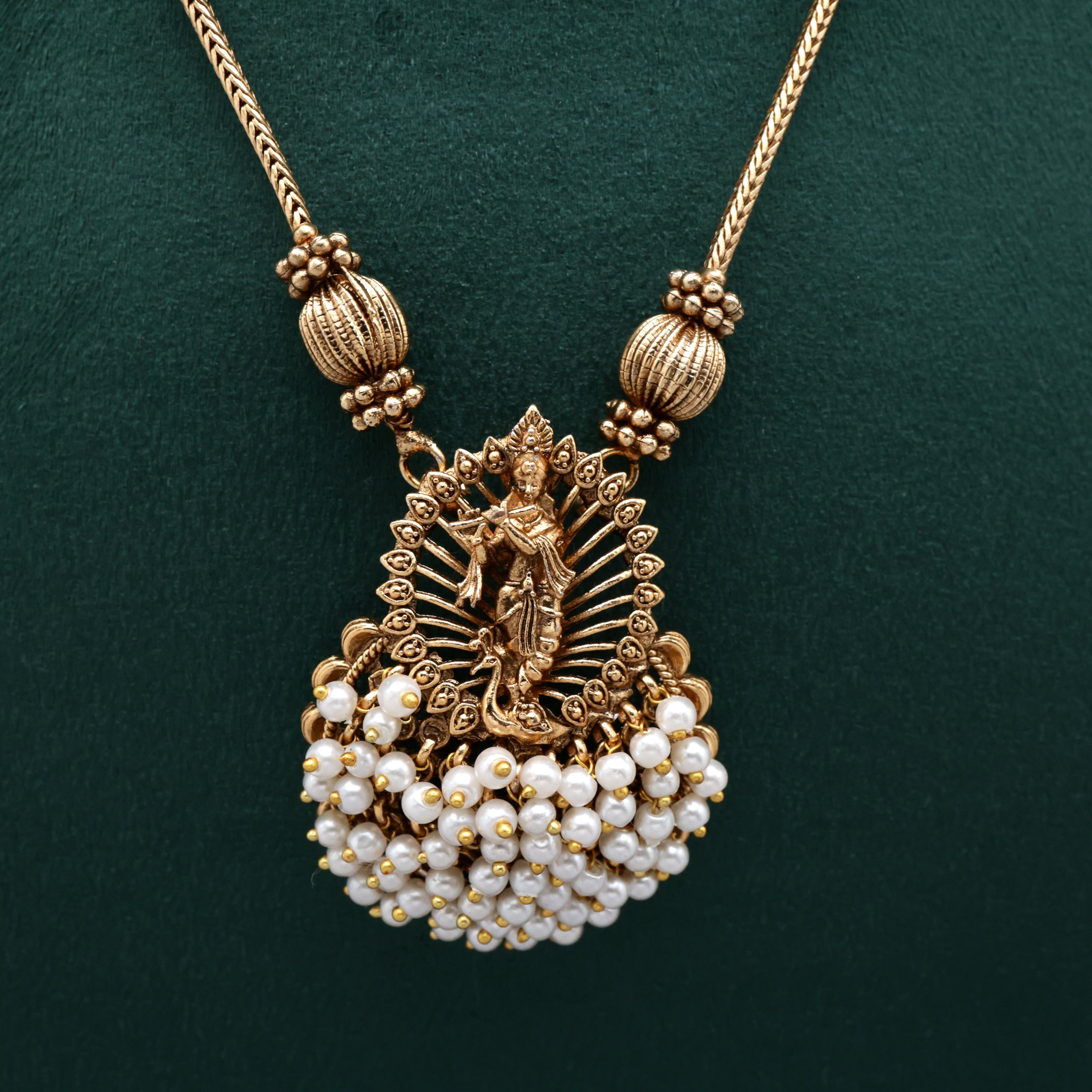 Lord Krishna Bunch Beads Divine Pendant Necklace Set - White