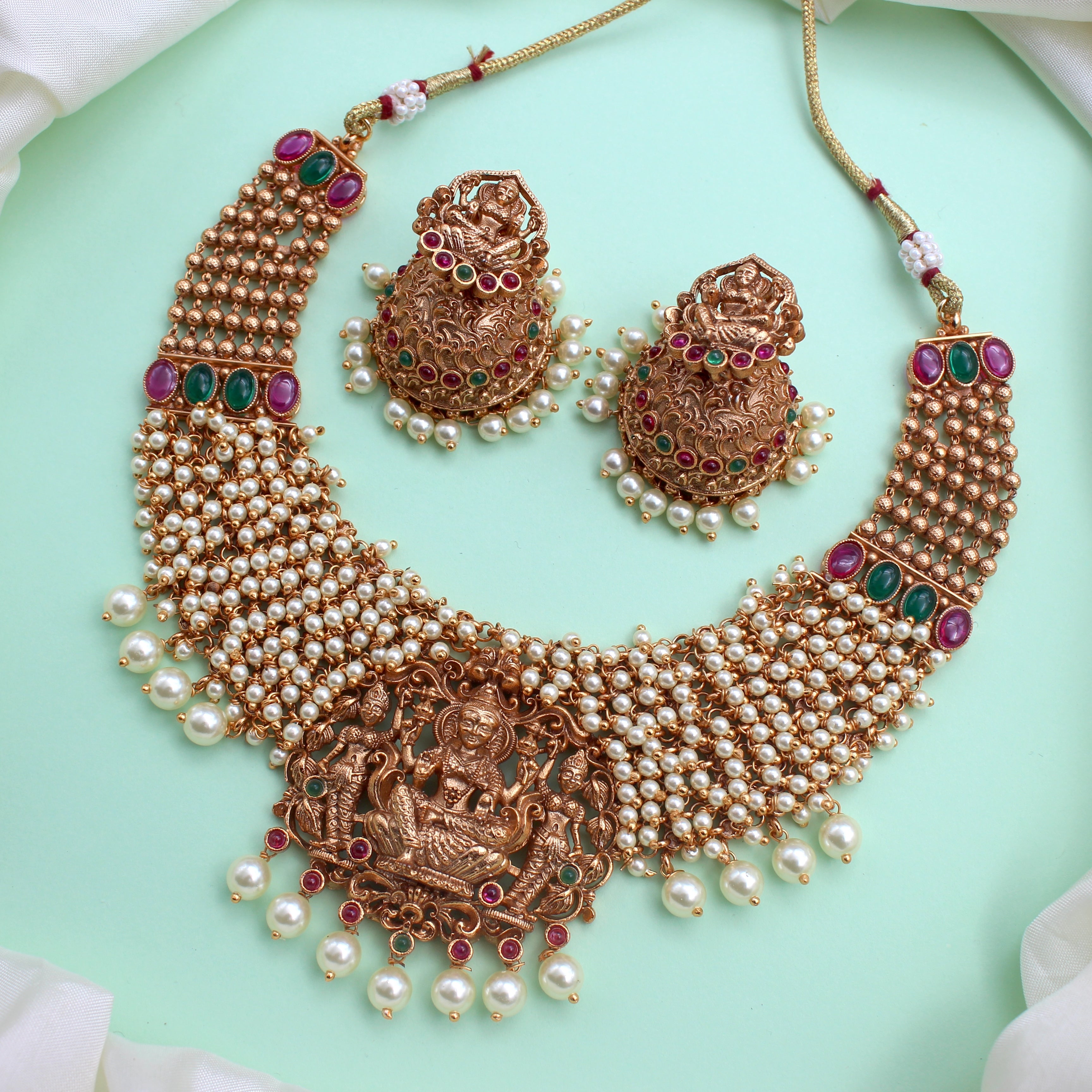 Antique Matte Pearl Bunch Lakshmi Bridal Heavy Necklace Set