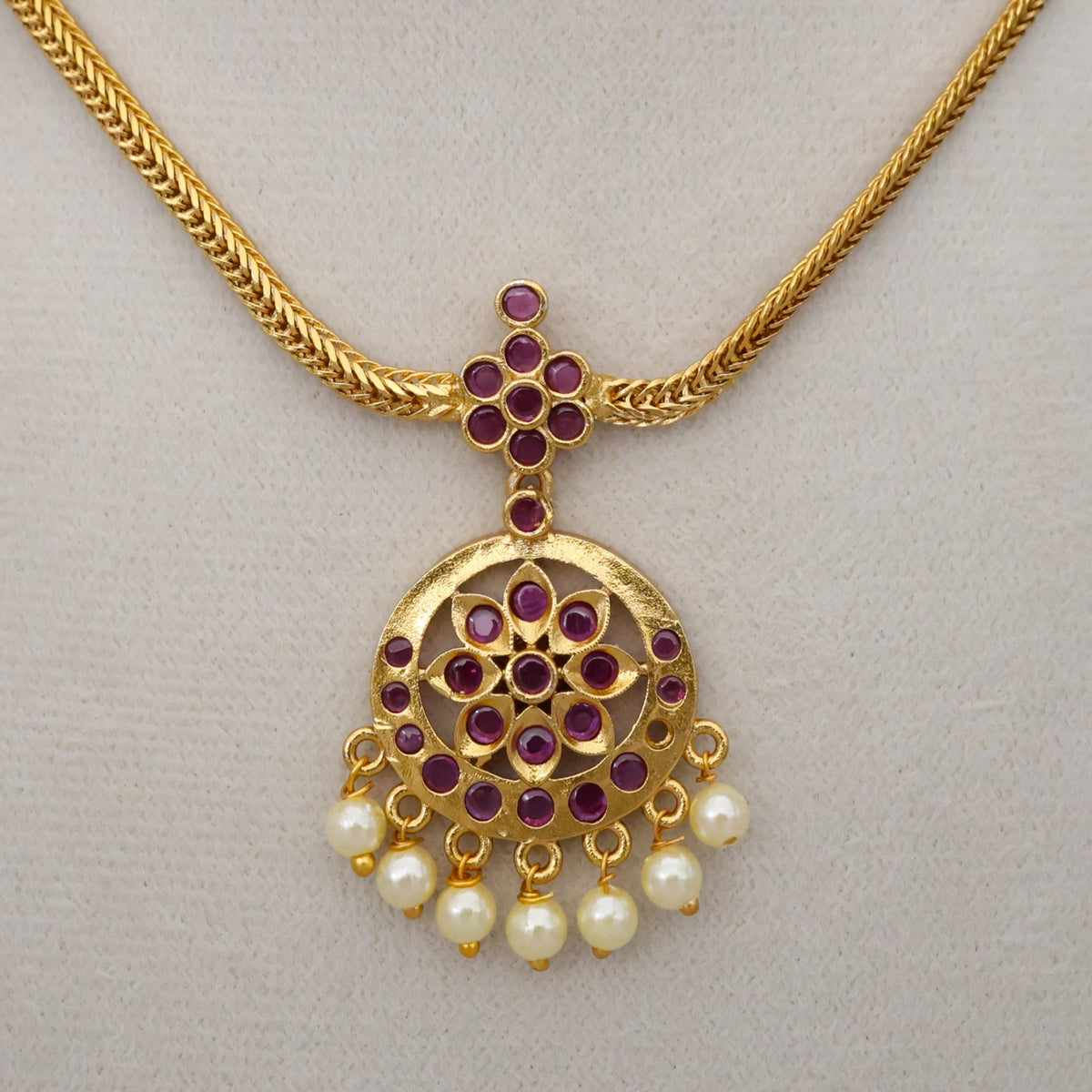 Gold Look Single Stone Pendant Attigai Necklace Set - Ruby