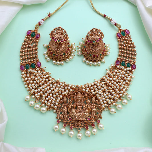 Antique Matte Pearl Bunch Lakshmi Bridal Heavy Necklace Set
