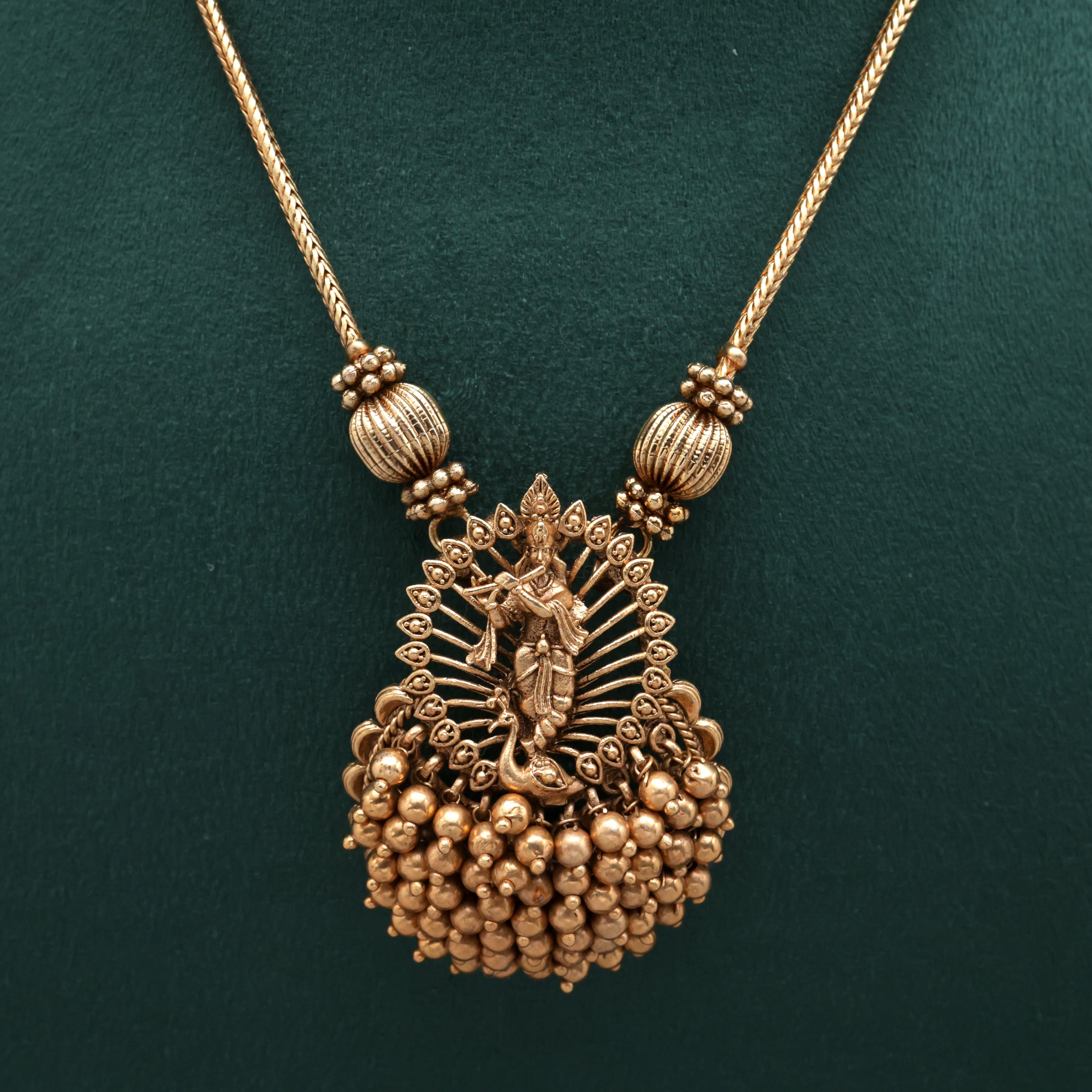 Lord Krishna Bunch Beads Divine Pendant Necklace Set - Gold