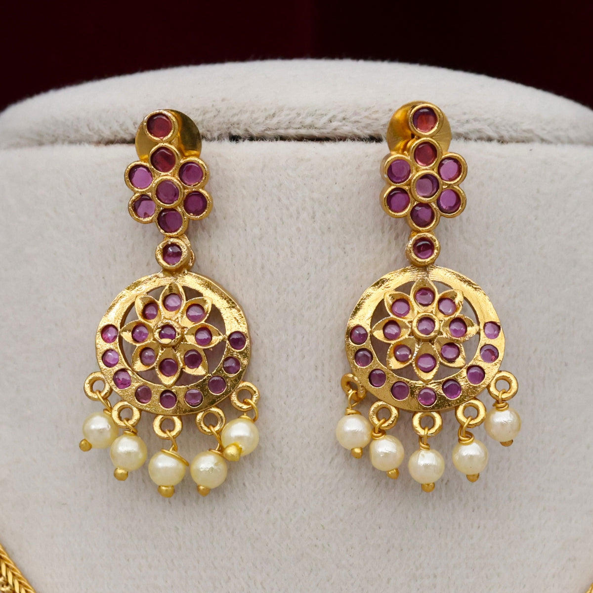 Gold Look Single Stone Pendant Attigai Necklace Set - Ruby