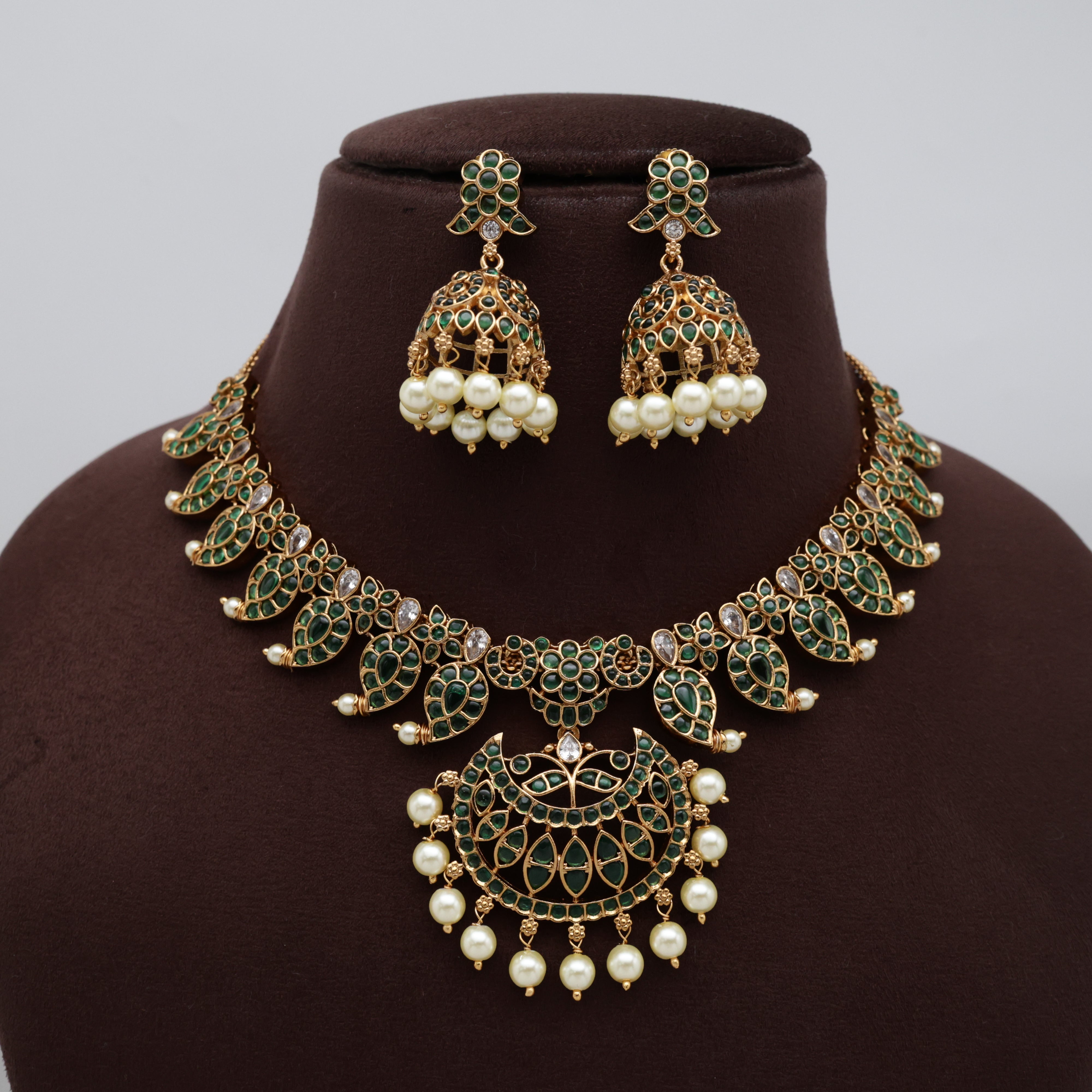 Premium Kemp Mango Chaand Bridal Necklace Set - Green & White