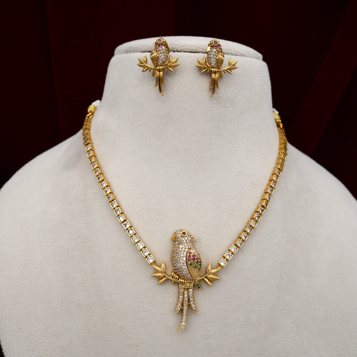 Diamond Look Antique Parrot On A Branch Kids Friendly Necklace Set