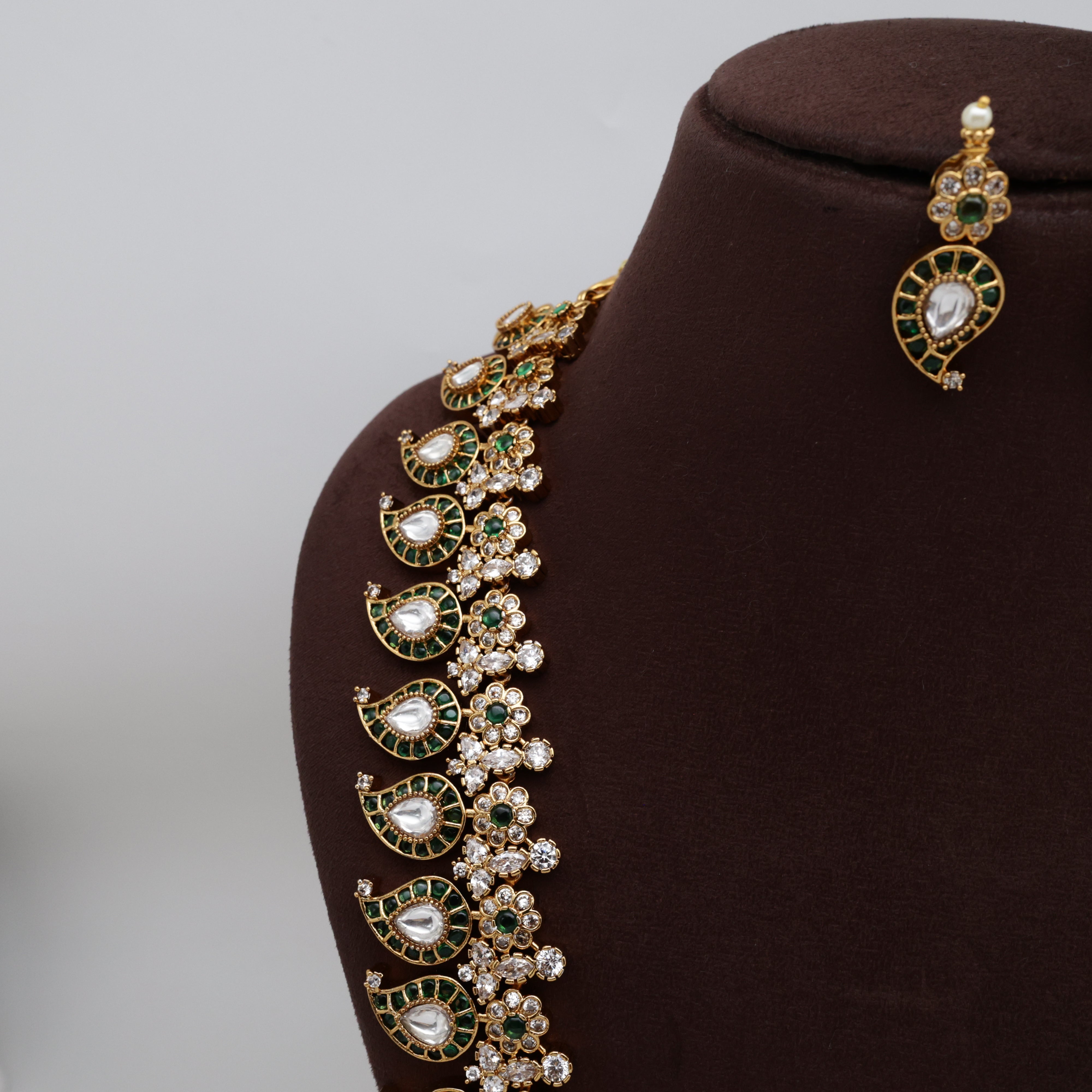 Premium AD Kemp Kundan Bridal Mango Haaram Set - Green & White