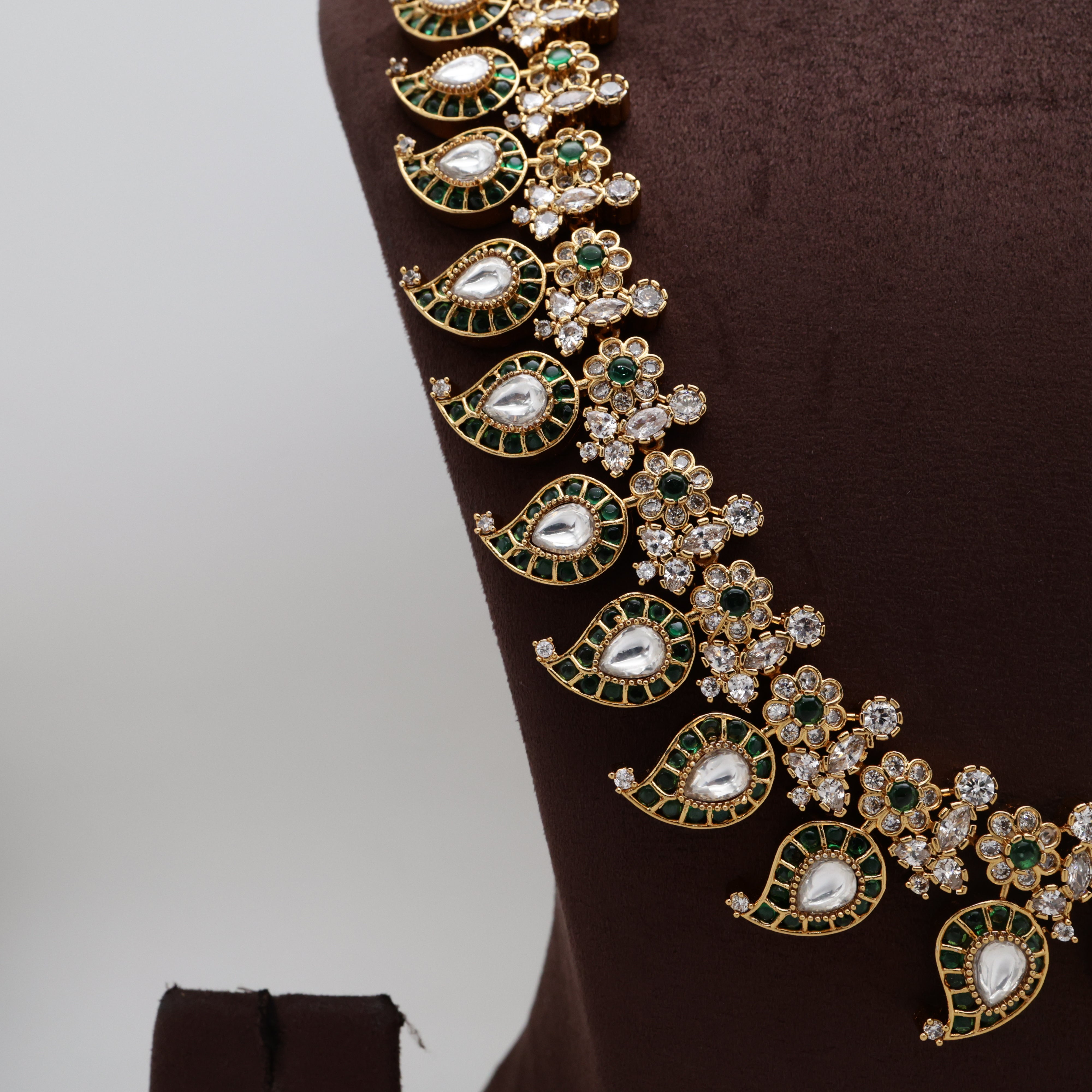 Premium AD Kemp Kundan Bridal Mango Haaram Set - Green & White