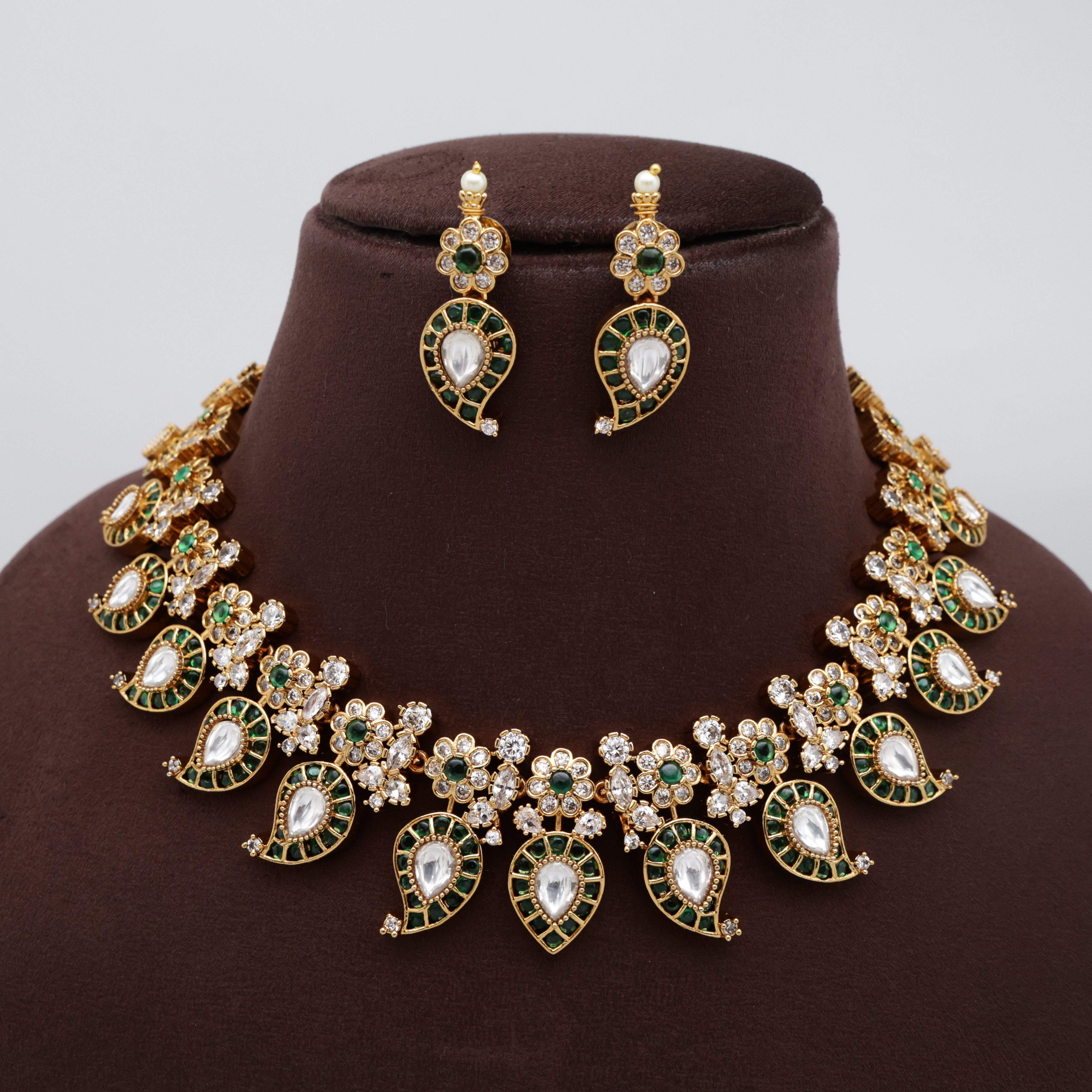 Premium AD Kemp Kundan Bridal Mango necklace Set - Green & White