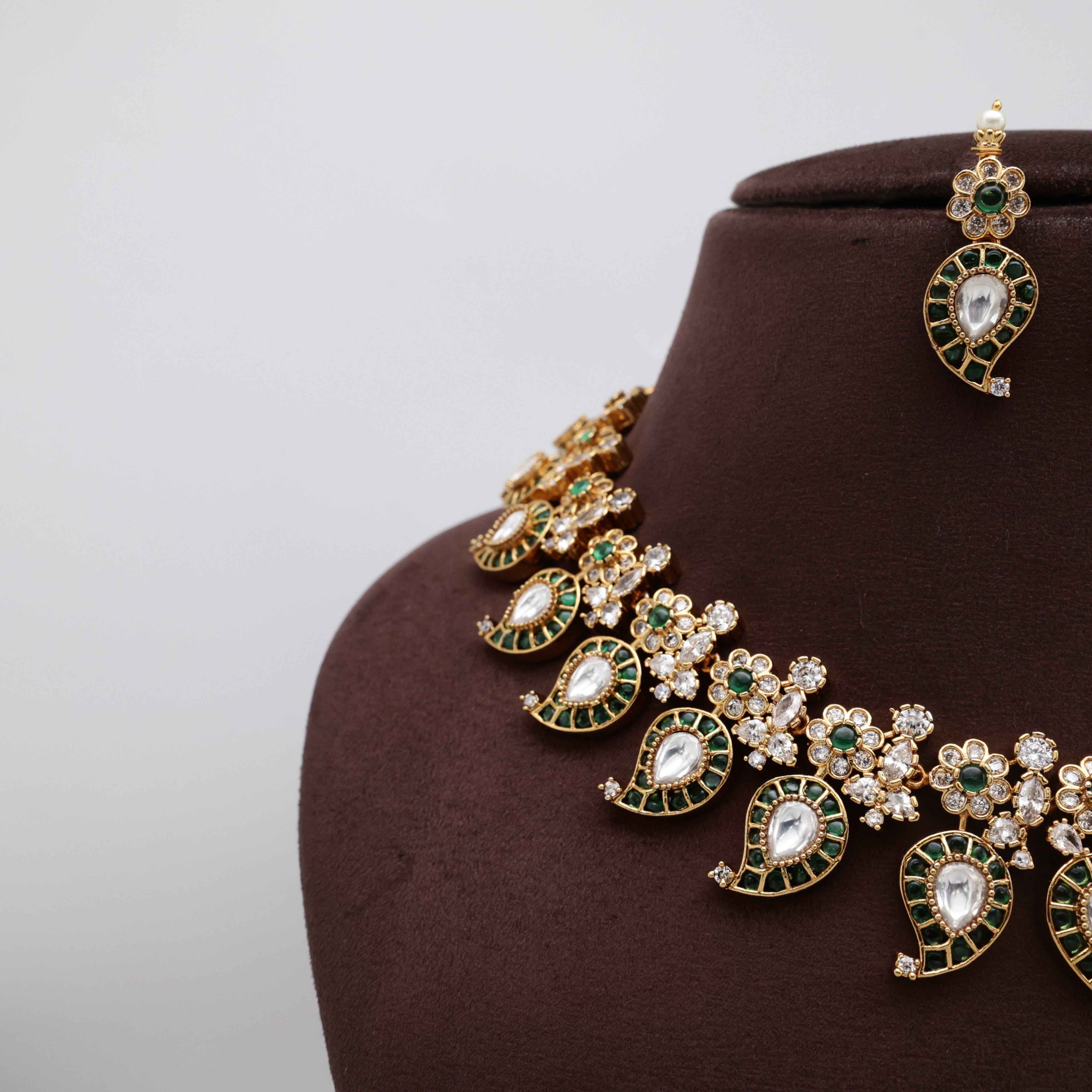 Premium AD Kemp Kundan Bridal Mango necklace Set - Green & White