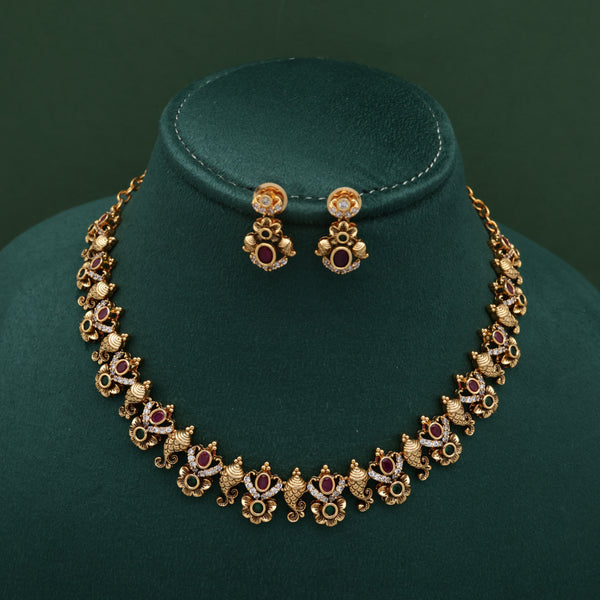 Antique Shankh Flower AD Premium Necklace With Earrings
