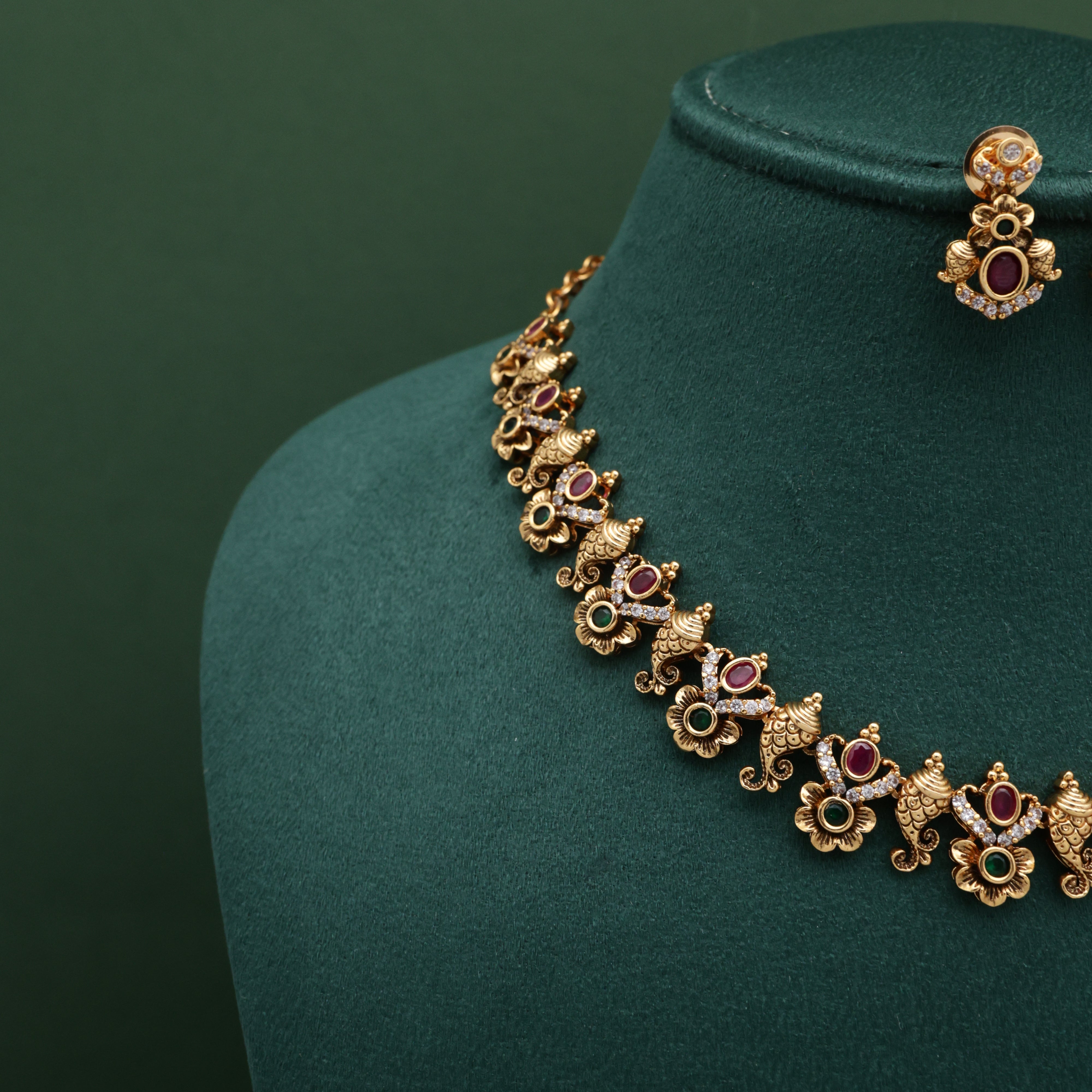 Antique Shankh Flower AD Premium Necklace With Earrings