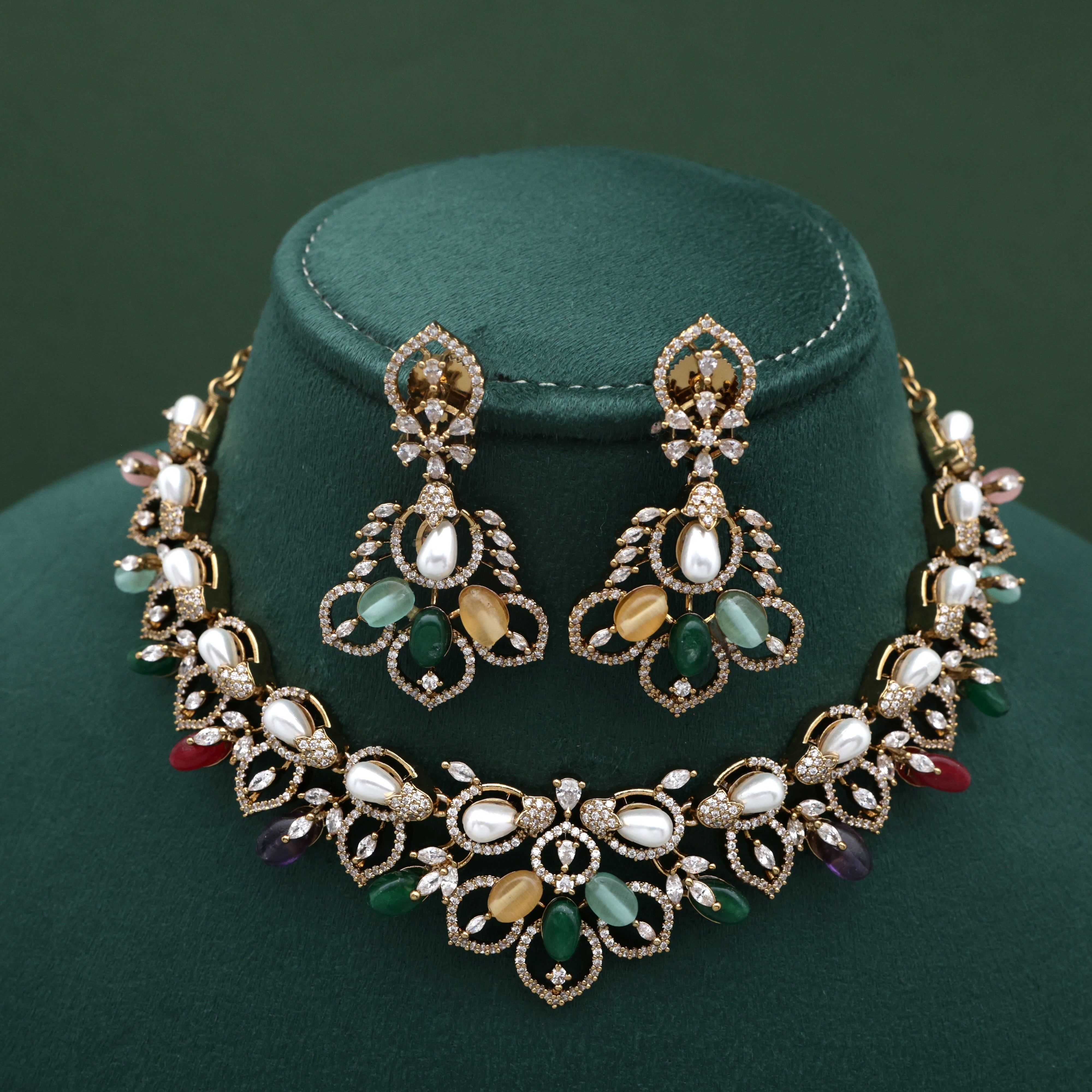 Diamond Look AD Multi Colour Pearl & Beads Flower Petals Bridal Necklace Set